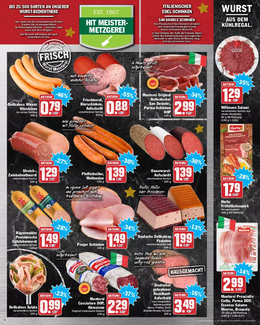 Aktueller Prospekt Hit - Prospekte - von 20.12 bis 24.12.2021 - strona 6 - produkty: ACC, auer, aufschnitt, aus dem kühlregal, beef, beere, bier, bierschinken, braten, Bresaola, eis, elle, Frühstücksspeck, gin, gutsleberwurst, herta, im zarten saitling, jungbullen, kräuter, kühlregal, leberwurst, Meister, Mett, metten, Mettenden, mettwurst, montorsi, natur, nuss, pastete, pfeffer, Pfefferbeißer, Pommersche, prosciutto, prosciutto cotto, Prosciutto di San Daniele, regal, reifen, reis, resa, rezept, Ria, riserva, roastbeef, rügenwalder, saft, salami, salat, salate, schinken, schwein, schweine, senf, Speck, Spezi, spitzenqualität, teller, Ti, tisch, Trüffel, wein, weine, wiener, wiener würstchen, wiltmann, wurst, würstchen, zwiebel, zwiebelmettwurst