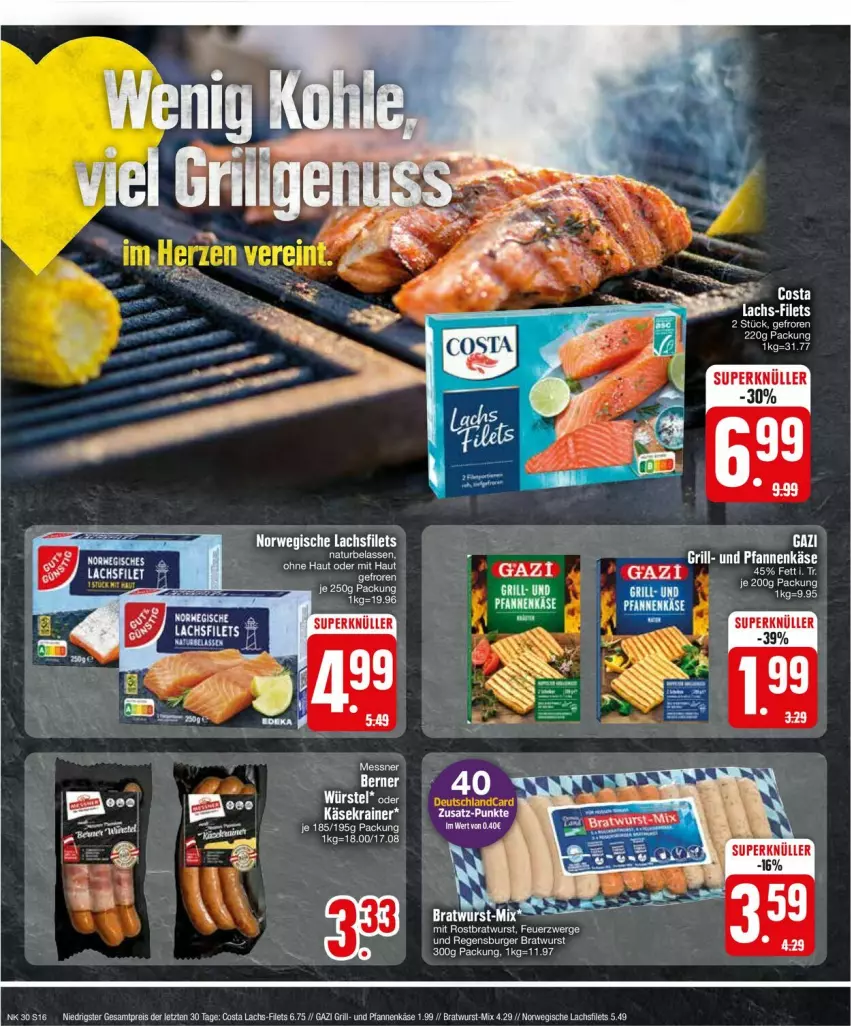 Aktueller Prospekt Edeka - Prospekte - von 22.07 bis 27.07.2024 - strona 16 - produkty: bratwurst, eis, ente, filet, filets, Käse, Käsekrainer, lachs, lachsfilet, lachsfilets, pfanne, pfannen, pfannenkäse, reis, rwe, Ti, und pfanne, wurst, ZTE