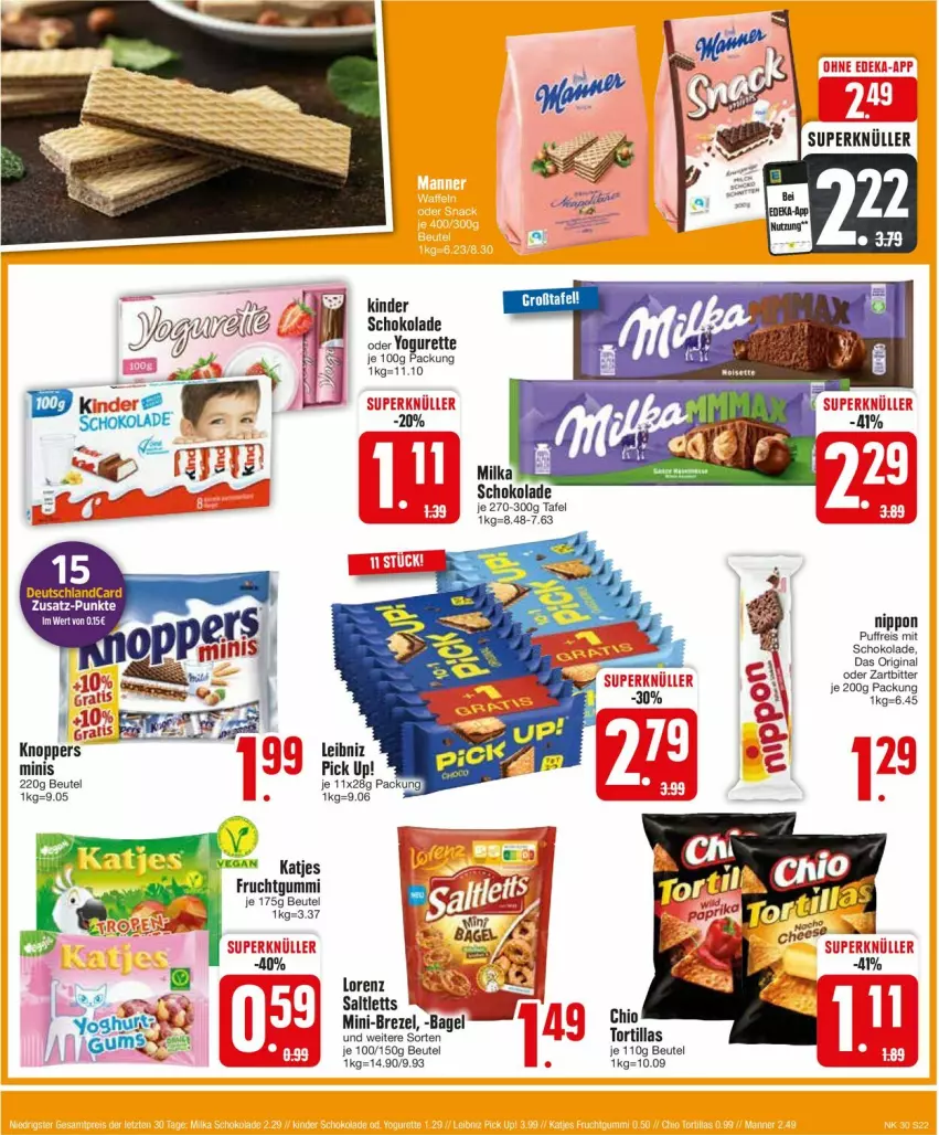 Aktueller Prospekt Edeka - Prospekte - von 22.07 bis 27.07.2024 - strona 22 - produkty: Bagel, beutel, brezel, deutschlandcard, eis, frucht, fruchtgummi, gin, katjes, Kinder, kinder schokolade, knoppers, leibniz, lorenz, nippon, oder yogurette, Pick Up!, reis, saltletts, schoko, schokolade, Ti, tortilla, tortillas, Yo, yogurette