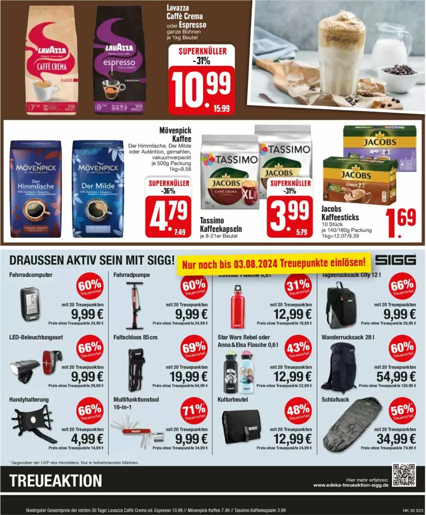 Aktueller Prospekt Edeka - Prospekte - von 22.07 bis 27.07.2024 - strona 23 - produkty: beleuchtung, beutel, computer, eier, eis, elle, ente, espresso, Fahrrad, Faltschloss, flasche, Handy, jacobs, kaffee, kaffeekapseln, lavazza, led-beleuchtung, mövenpick, mövenpick kaffee, pute, reis, rucksack, sac, schlafsack, sim, tassimo, teller, Ti