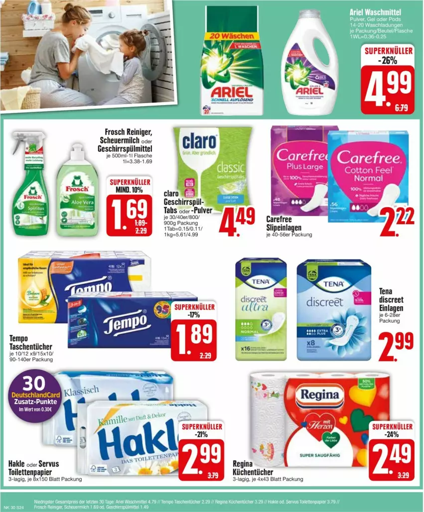 Aktueller Prospekt Edeka - Prospekte - von 22.07 bis 27.07.2024 - strona 24 - produkty: carefree, Discreet, Frosch, geschirr, geschirrspülmittel, gin, Heu, küche, Küchen, küchentücher, milch, papier, reiniger, scheuermilch, slip, slipeinlagen, spülmittel, Tasche, taschen, taschentücher, tee, Tempo, toilettenpapier, tücher, Yo