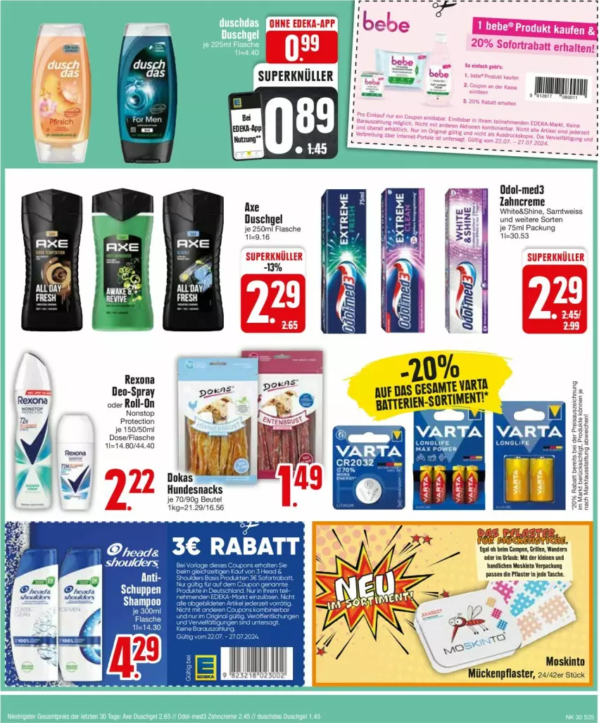 Aktueller Prospekt Edeka - Prospekte - von 22.07 bis 27.07.2024 - strona 25 - produkty: axe, batterie, batterien, Bebe, bett, beutel, creme, deka, deo, duschgel, eis, flasche, grill, hundesnack, hundesnacks, leine, Odol, pflaster, roll-on, snack, snacks, sofortrabatt, Tasche, Ti, varta, zahncreme