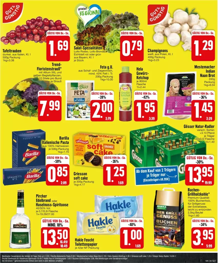 Aktueller Prospekt Edeka - Prospekte - von 22.07 bis 27.07.2024 - strona 27 - produkty: beutel, bio, buch, champignon, champignons, feta, flasche, gösser, grill, grillholzkohle, hakle, haselnuss, Holz, holzkohle, italienische pasta, LG, natur, nuss, papier, pasta, pircher, radler, salat, tafeltrauben, Ti, toilettenpapier, trauben