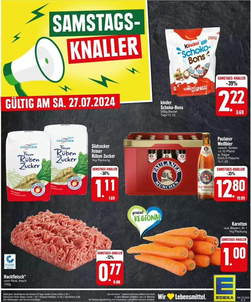 Aktueller Prospekt Edeka - Prospekte - von 22.07 bis 27.07.2024 - strona 28 - produkty: beutel, deka, eier, eis, ente, flasche, fleisch, hackfleisch, karotten, Paula, paulaner, schoko, schoko-bons, Ti, zucker