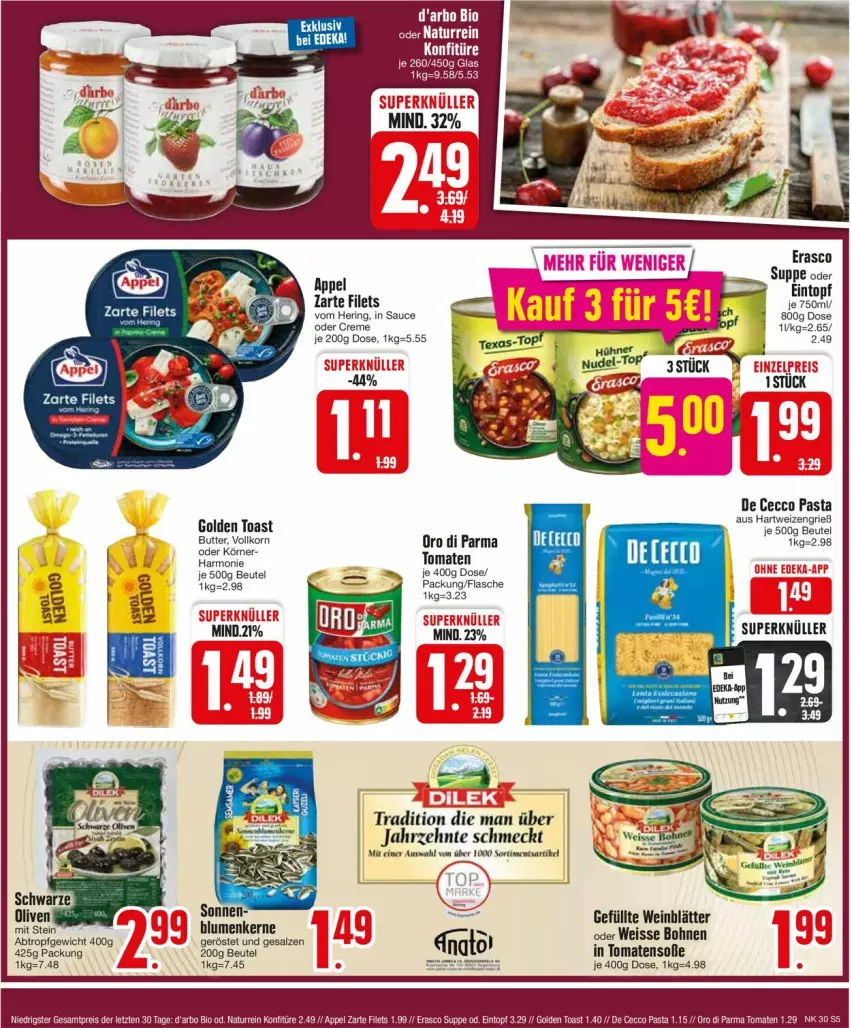 Aktueller Prospekt Edeka - Prospekte - von 22.07 bis 27.07.2024 - strona 5 - produkty: beutel, bio, blume, blumen, bohne, bohnen, butter, creme, De Cecco, ecco, eintopf, eis, erasco, filet, filets, flasche, golden toast, hartweizen, hering, konfitüre, natur, oro di parma, pasta, ring, salz, sauce, Soße, suppe, Ti, toast, tomate, tomaten, topf, wein