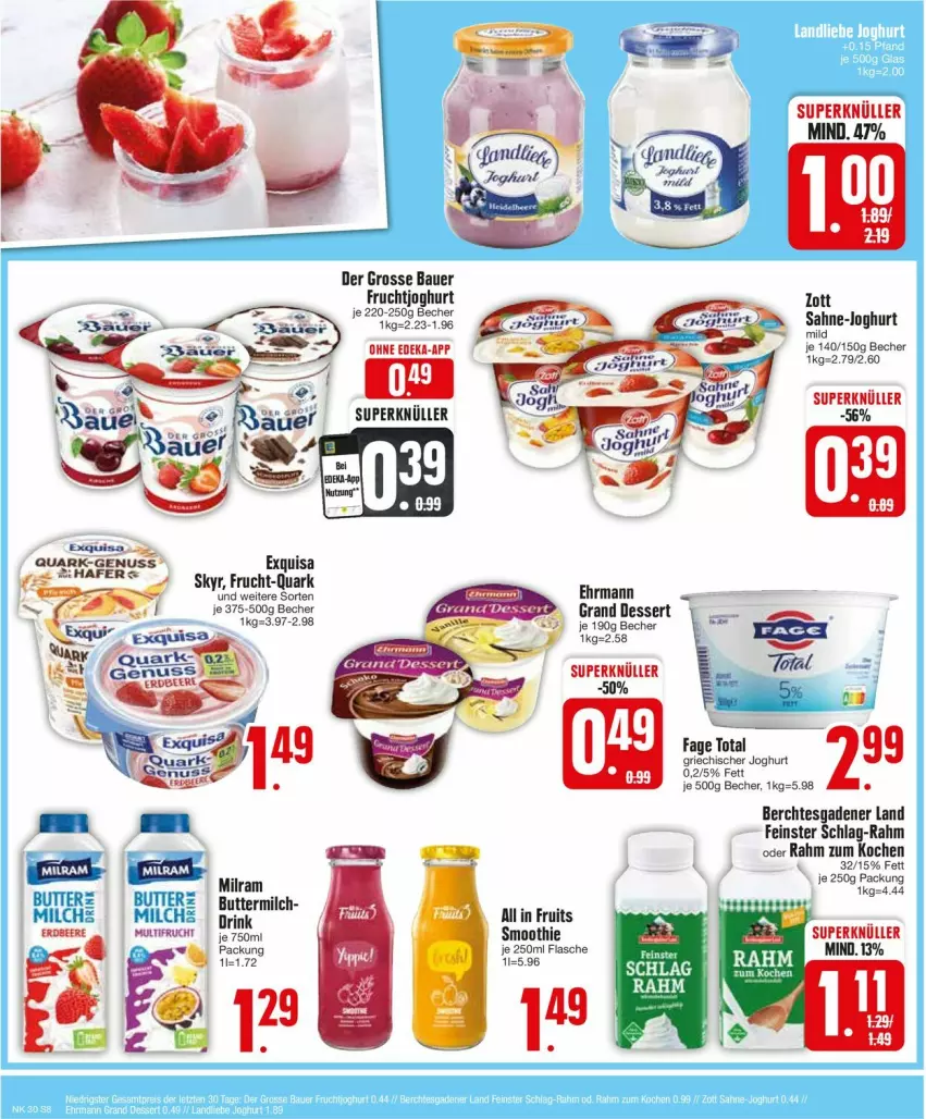 Aktueller Prospekt Edeka - Prospekte - von 22.07 bis 27.07.2024 - strona 8 - produkty: auer, Bau, Bauer, Becher, butter, deka, dessert, exquisa, flasche, frucht, fruchtjoghurt, joghur, joghurt, joghurt mild, milch, milram, sahne, Skyr, smoothie, Ti