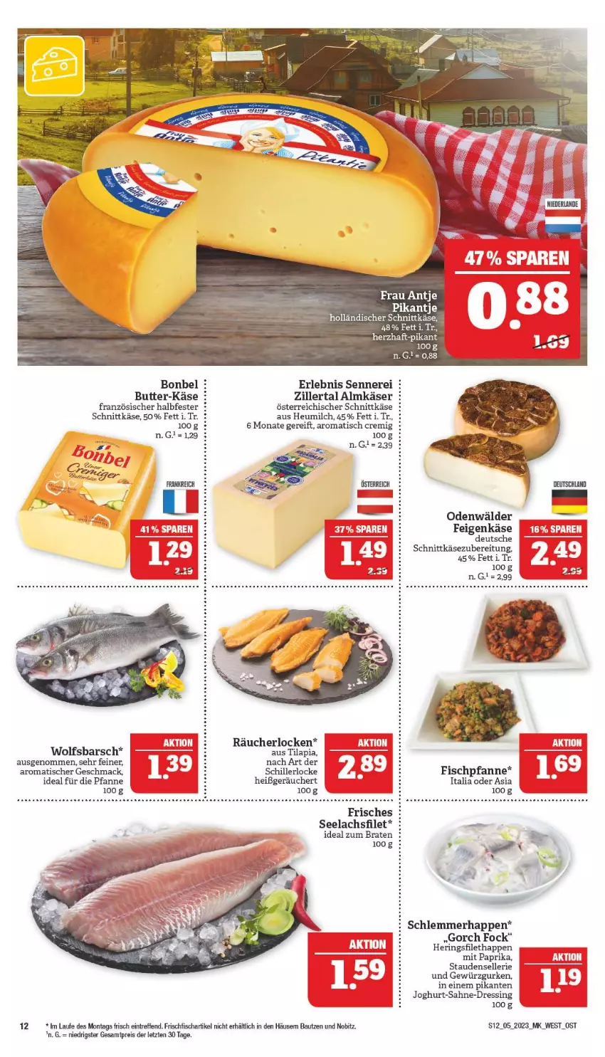 Aktueller Prospekt Marktkauf - Prospekt - von 29.01 bis 04.02.2023 - strona 12 - produkty: almkäse, Bau, bonbel, braten, butter, dressing, eis, elle, Erlebnis Sennerei, Feigen, filet, fisch, frischfisch, gewürz, Gewürzgurke, gewürzgurken, gurke, gurken, halbfester schnittkäse, hering, Herings, Heu, heumilch, holländischer schnittkäse, HP, ideal zum braten, joghur, joghurt, Käse, lachs, lachsfilet, mac, milch, mit paprika, österreichischer schnittkäse, paprika, pfanne, reis, ring, sahne, schnittkäse, seelachsfilet, stauden, Ti, Tilapia, tisch, wolfsbarsch, ZTE