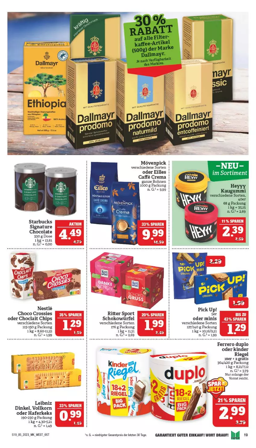 Aktueller Prospekt Marktkauf - Prospekt - von 29.01 bis 04.02.2023 - strona 19 - produkty: chips, choclait chips, cola, crossies, duplo, eis, ferrero, gin, hafer, keks, Kinder, korn, leibniz, Meister, mövenpick, natur, Pick Up!, reis, riegel, ritter, ritter sport, schoko, schokowürfel, Sport, starbucks, Ti, würfel, ZTE