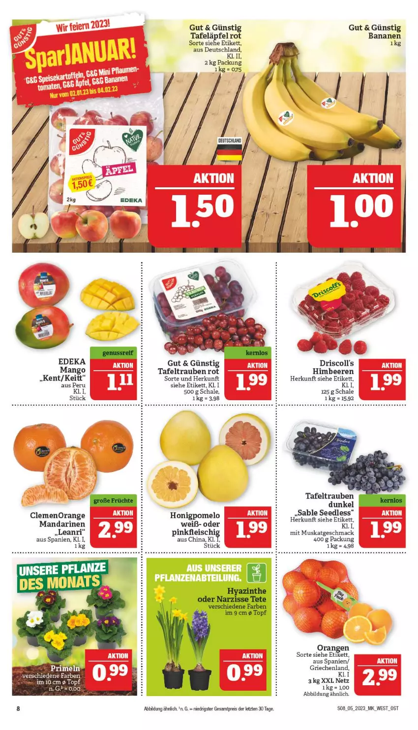 Aktueller Prospekt Marktkauf - Prospekt - von 29.01 bis 04.02.2023 - strona 8 - produkty: banane, bananen, beere, beeren, deka, driscoll's, eis, fleisch, himbeer, himbeere, himbeeren, honig, Honigpomelo, mac, mandarine, mandarinen, mango, orange, orangen, oxo, Pomelo, reis, Schal, Schale, tafeläpfel, tafeltrauben, Ti, topf, trauben, ZTE