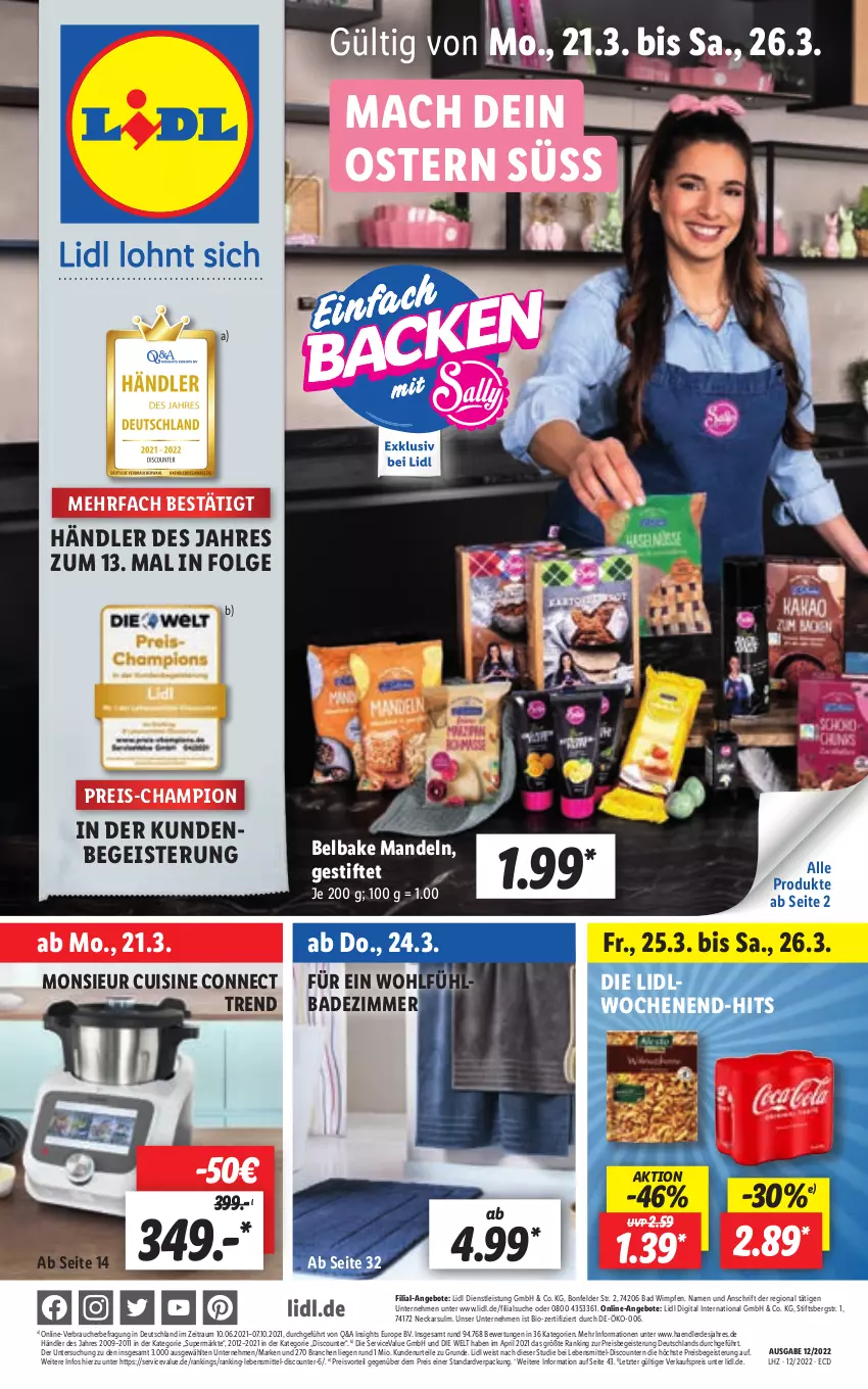 Aktueller Prospekt Lidl - Aktionsprospekt - von 21.03 bis 26.03.2022 - strona 1 - produkty: angebot, angebote, Bad, bio, champion, discount, eis, erde, lebensmittel, LG, Liege, mac, mandel, mandeln, Monsieur Cuisine, preisvorteil, pril, Rauch, reis, stifte, Ti, ZTE