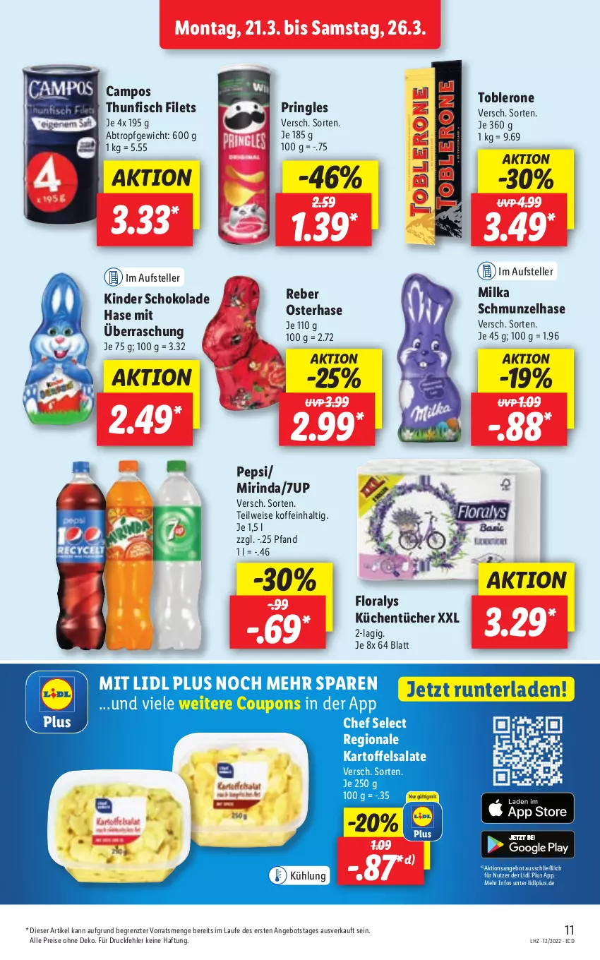 Aktueller Prospekt Lidl - Aktionsprospekt - von 21.03 bis 26.03.2022 - strona 11 - produkty: 7UP, angebot, coupon, coupons, eis, elle, filet, filets, fisch, Floralys, kartoffel, kartoffelsalat, Kinder, kinder schokolade, küche, Küchen, küchentücher, milka, Mirinda, pepsi, pringles, reis, rind, ring, salat, salate, schoko, schokolade, teller, thunfisch, thunfisch filets, Ti, toblerone, tücher, ZTE