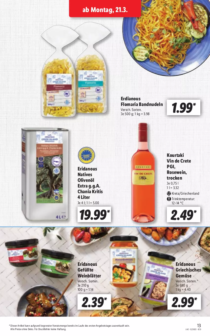 Aktueller Prospekt Lidl - Aktionsprospekt - von 21.03 bis 26.03.2022 - strona 13 - produkty: angebot, eis, natives olivenöl, nudel, nudeln, olive, oliven, olivenöl, olivenöl extra, reis, Ria, Ti, wein, ZTE