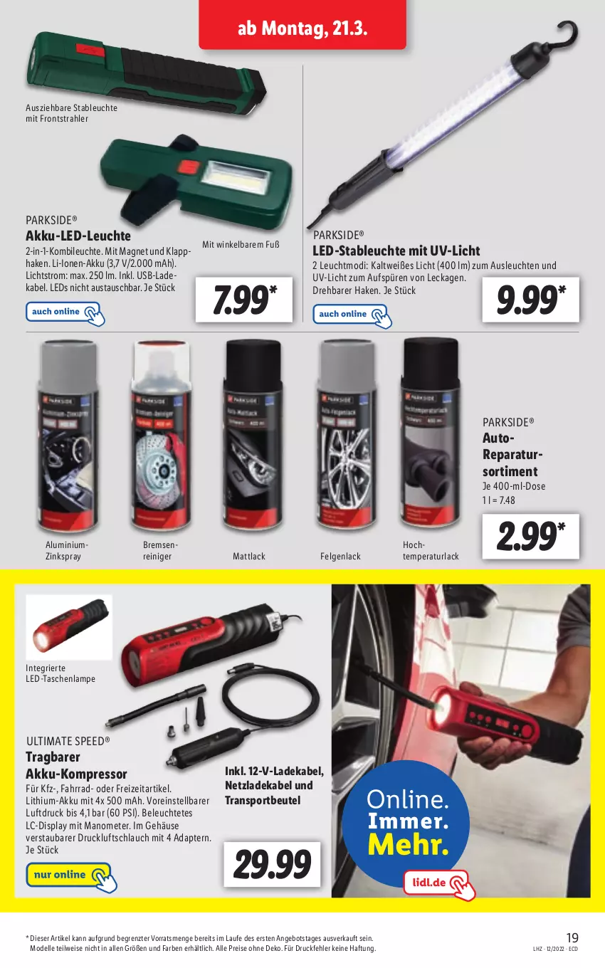 Aktueller Prospekt Lidl - Aktionsprospekt - von 21.03 bis 26.03.2022 - strona 19 - produkty: adapter, akku, angebot, aust, auto, beutel, deka, dell, eis, elle, Fahrrad, felgen, kompressor, lack, ladekabel, Lampe, LED-Leuchte, leds, Leuchte, leuchten, LG, Mode, Parkside, reiniger, reis, schlauch, spee, Sport, Tasche, taschen, taschenlampe, Ti, usb, ZTE