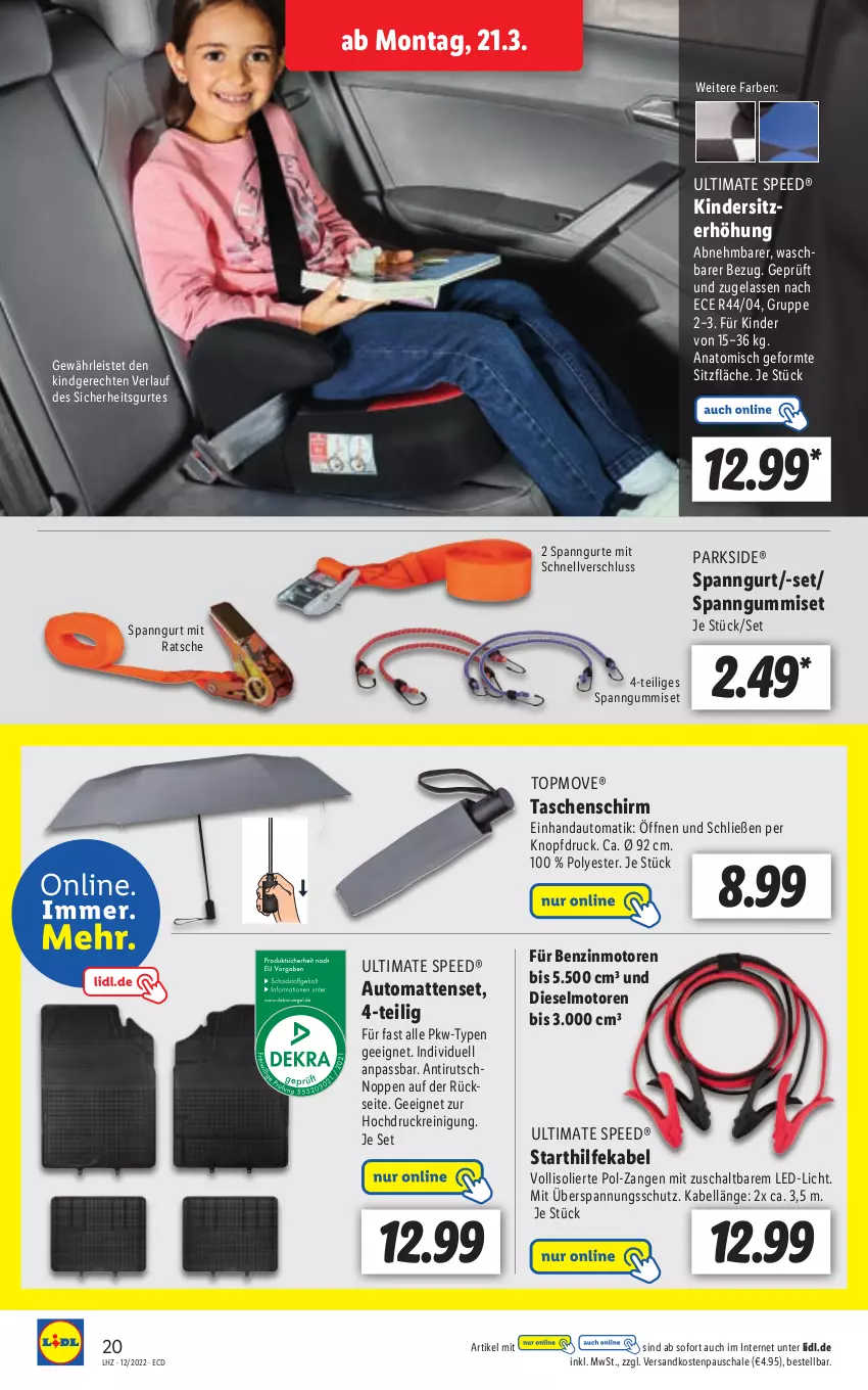 Aktueller Prospekt Lidl - Aktionsprospekt - von 21.03 bis 26.03.2022 - strona 20 - produkty: auto, Diesel, eis, Kinder, Kindersitz, led-licht, ndk, Parkside, Reinigung, Schal, Schale, Sitzerhöhung, spee, Tasche, taschen, Ti, Zangen