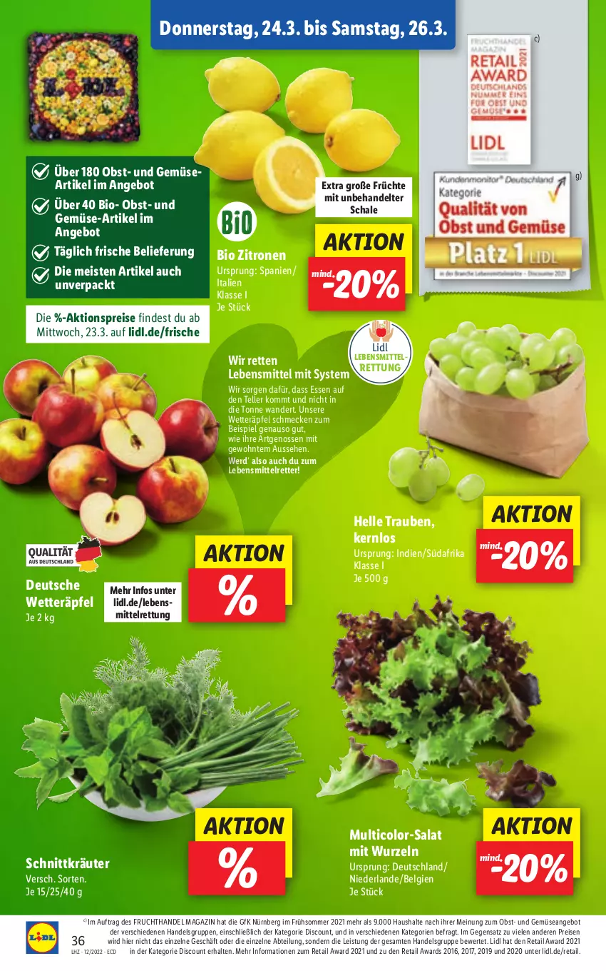 Aktueller Prospekt Lidl - Aktionsprospekt - von 21.03 bis 26.03.2022 - strona 36 - produkty: Abtei, aktionspreis, angebot, bio, discount, eis, elle, frucht, früchte, kräuter, lebensmittel, LG, magazin, obst, reis, salat, Schal, Schale, teller, Ti, trauben, und gemüse, zitrone, zitronen