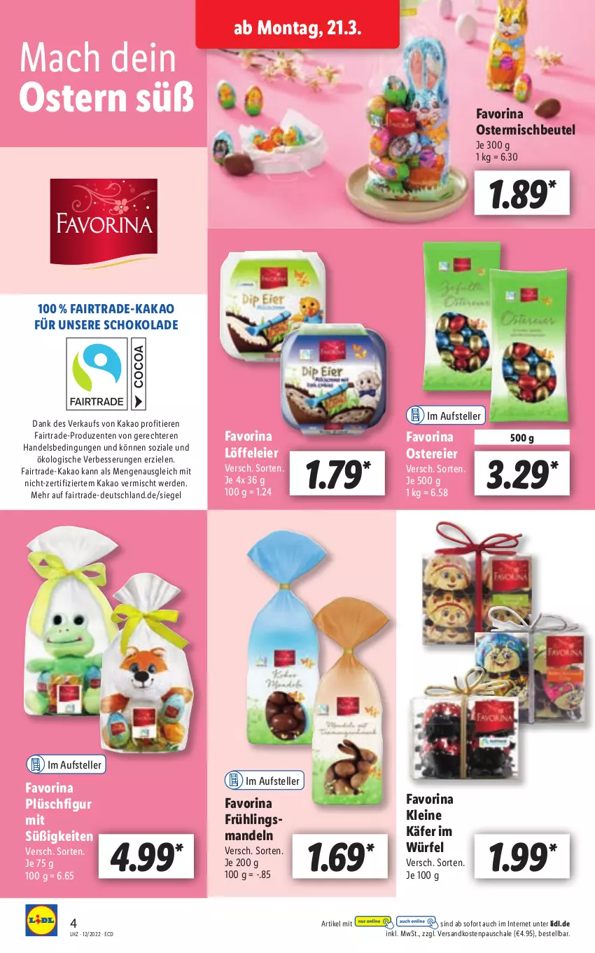 Aktueller Prospekt Lidl - Aktionsprospekt - von 21.03 bis 26.03.2022 - strona 4 - produkty: beutel, eier, elle, ente, erde, käfer, kakao, leine, Löffel, mac, mandel, mandeln, ndk, Plüsch, Schal, Schale, schoko, schokolade, teller, Ti, Tiere, würfel