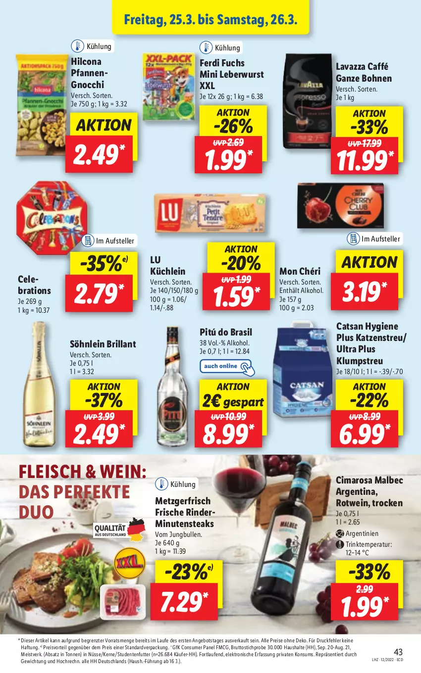 Aktueller Prospekt Lidl - Aktionsprospekt - von 21.03 bis 26.03.2022 - strona 43 - produkty: alkohol, angebot, bohne, bohnen, brut, catsan, eis, Elektro, elle, ente, ferdi fuchs, fleisch, gnocchi, hilcona, HP, jungbullen, Katzenstreu, klumpstreu, Laufen, lavazza, leberwurst, minutensteaks, Mon Chéri, pfanne, pfannen, preisvorteil, reis, rind, rinder, rotwein, söhnlein, söhnlein brillant, steak, steaks, studentenfutter, teller, Ti, wein, wurst, ZTE