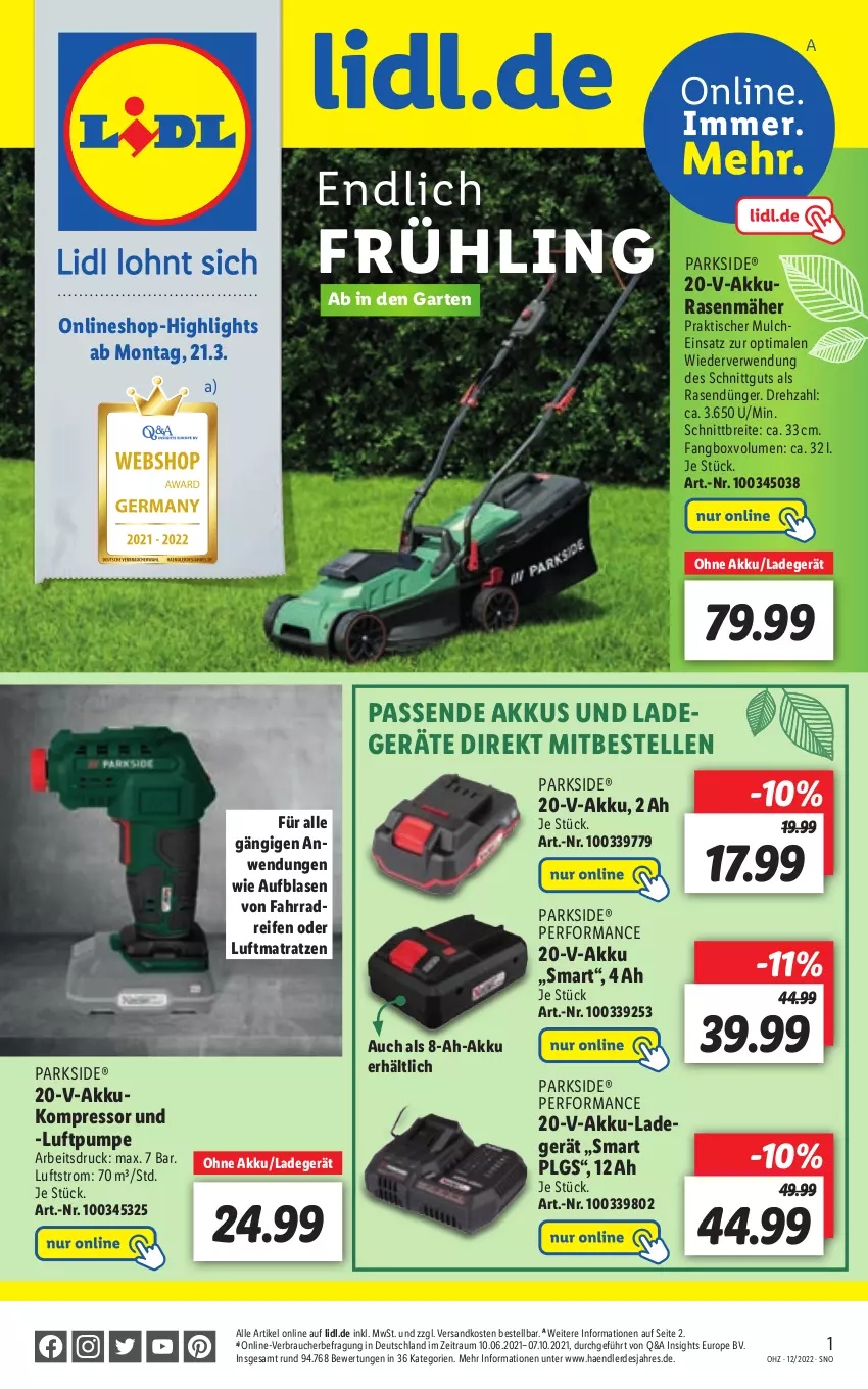 Aktueller Prospekt Lidl - Aktionsprospekt - von 21.03 bis 26.03.2022 - strona 47 - produkty: akku, Brei, dünger, elle, erde, Fahrrad, Garten, kompressor, ladegerät, LG, luftmatratze, matratze, matratzen, ndk, Parkside, rasen, rasendünger, rasenmäher, Rauch, reifen, rwe, Ti, tisch