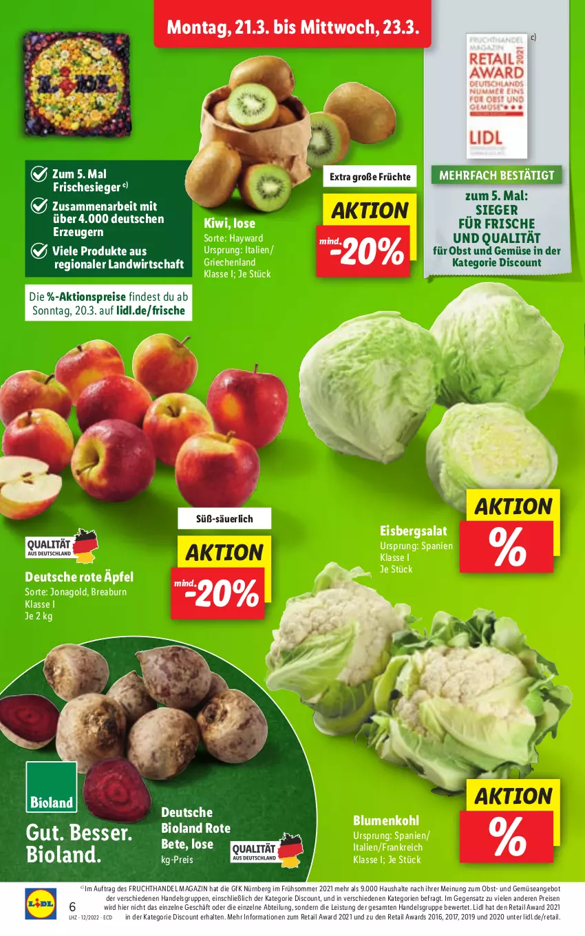 Aktueller Prospekt Lidl - Aktionsprospekt - von 21.03 bis 26.03.2022 - strona 6 - produkty: Abtei, aktionspreis, angebot, bio, bioland, blume, blumen, blumenkohl, discount, eis, eisbergsalat, frucht, früchte, kiwi, magazin, obst, Obst und Gemüse, reis, rote bete, salat, Ti, und gemüse