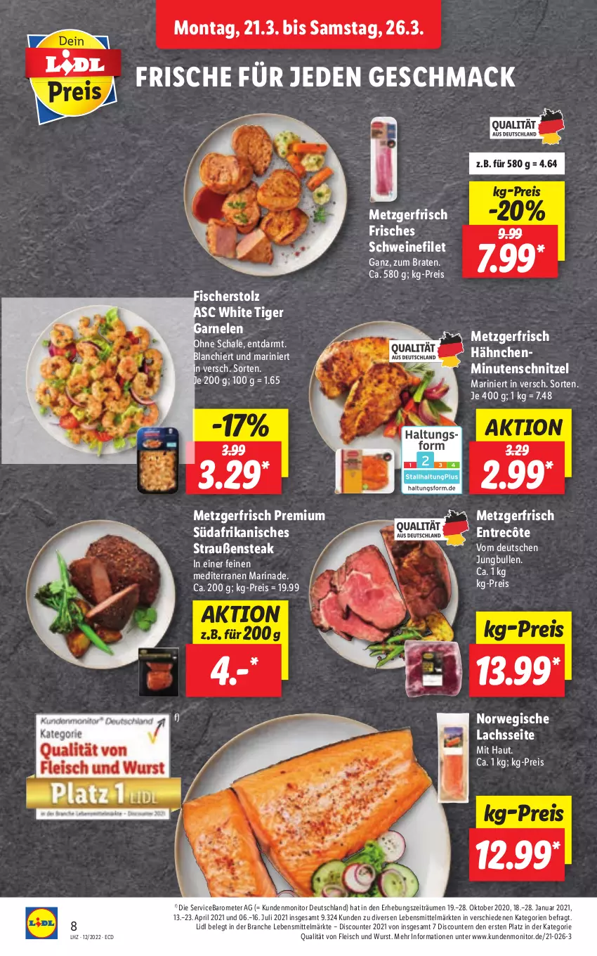 Aktueller Prospekt Lidl - Aktionsprospekt - von 21.03 bis 26.03.2022 - strona 8 - produkty: braten, discount, eis, entrecôte, filet, fisch, fische, Fischer, fleisch, garnelen, jungbullen, lachs, lebensmittel, mac, marinade, minutenschnitzel, monitor, pril, reis, rwe, Schal, Schale, schnitzel, schwein, schweine, schweinefilet, steak, Ti, wein, weine, wurst