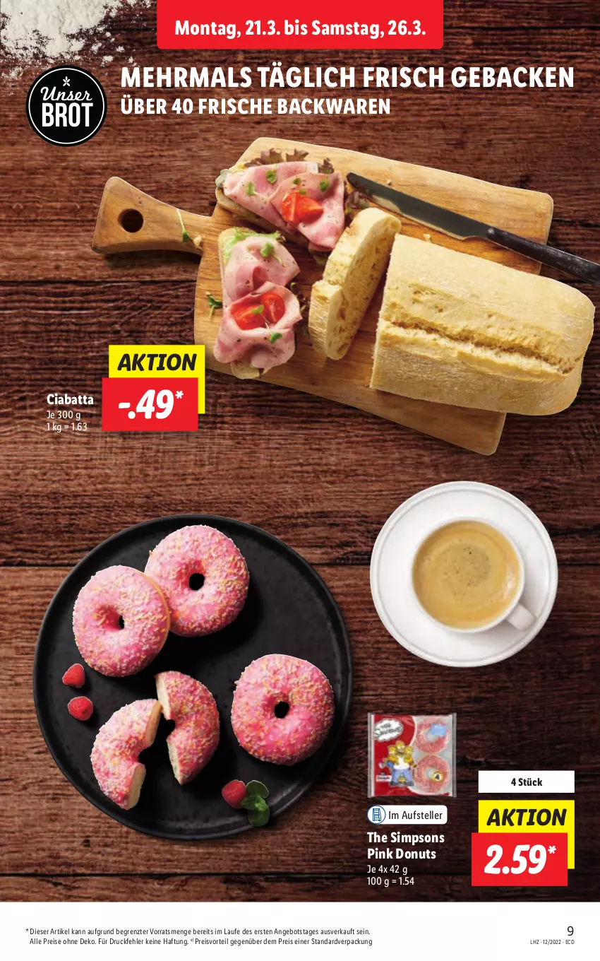 Aktueller Prospekt Lidl - Aktionsprospekt - von 21.03 bis 26.03.2022 - strona 9 - produkty: angebot, backwaren, brot, ciabatta, Donut, donuts, eis, elle, frische backwaren, geback, preisvorteil, reis, sim, teller, Ti, ZTE