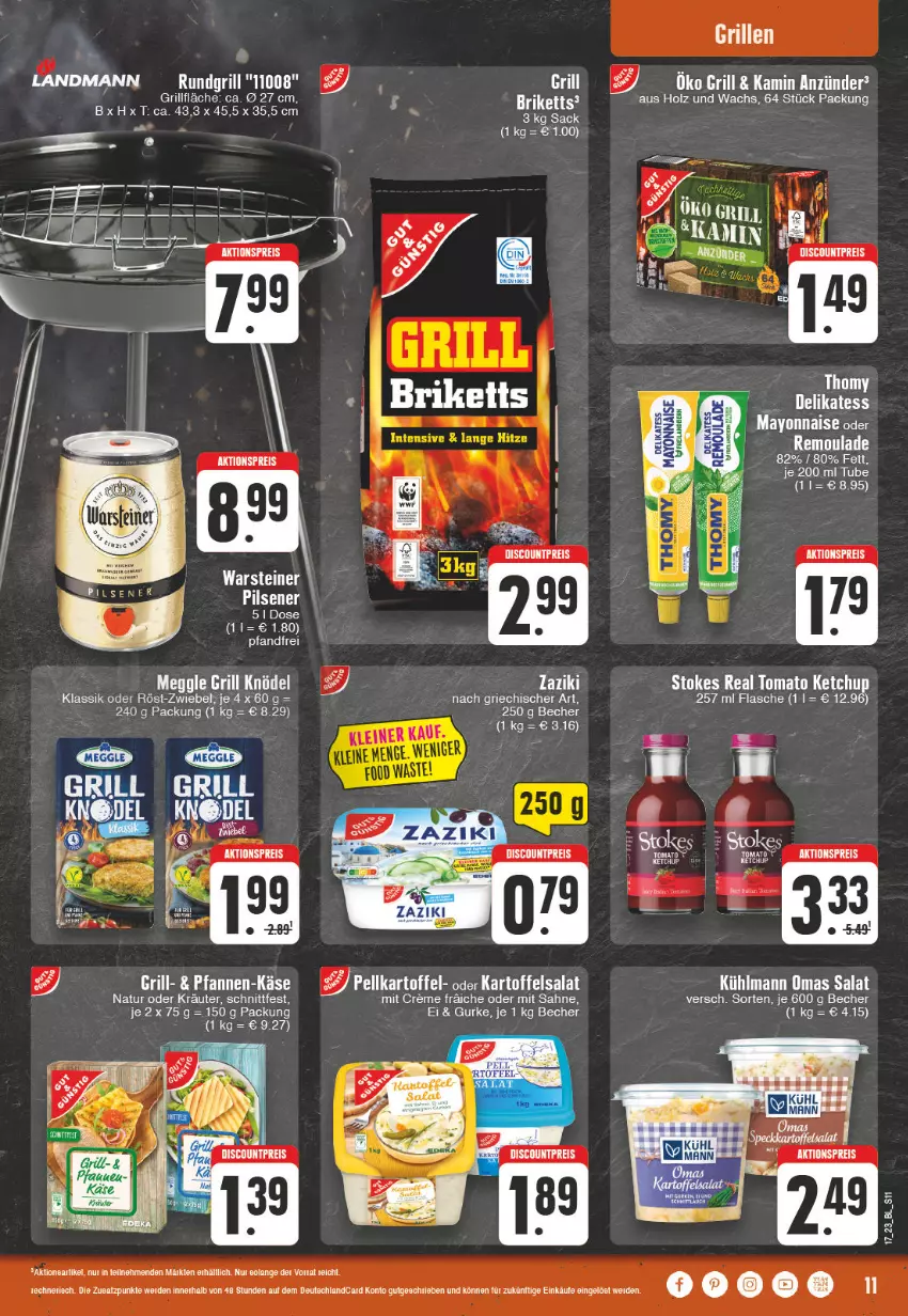 Aktueller Prospekt Edeka - Angebote der Woche - von 24.04 bis 29.04.2023 - strona 11 - produkty: aktionspreis, anzünder, Becher, creme, eier, eis, flasche, grill, grillfläche, gurke, Holz, Kamin, kartoffel, kartoffelsalat, Käse, Kette, Knödel, kräuter, kühlmann, leine, LG, mayonnaise, meggle, natur, oder kräuter, pfanne, pfannen, reis, remoulade, rundgrill, sahne, salat, tee, Ti, Yo, zaziki, zwiebel