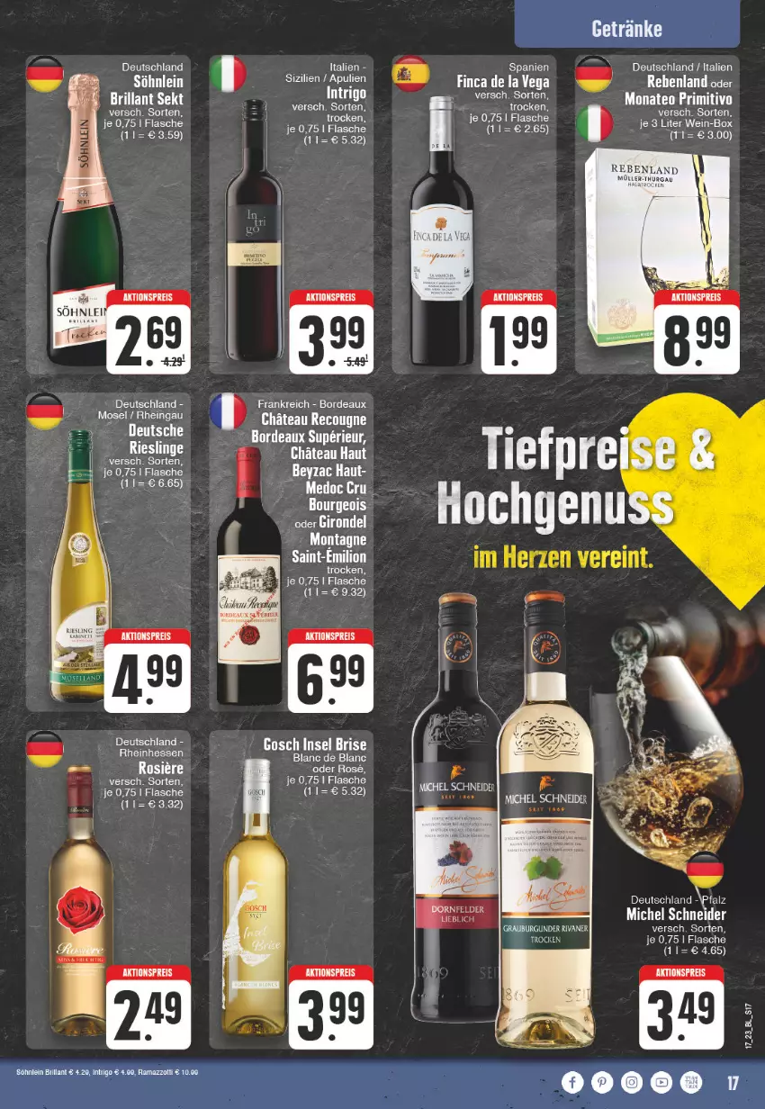 Aktueller Prospekt Edeka - Angebote der Woche - von 24.04 bis 29.04.2023 - strona 17 - produkty: aktionspreis, brillant sekt, burgunder, dornfelder, eis, Elan, ente, flasche, grauburgunder, leine, Michel Schneider, primitivo, reis, Rivaner, sekt, söhnlein, söhnlein brillant, Ti, wein