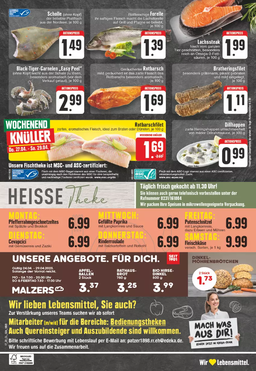 Aktueller Prospekt Edeka - Angebote der Woche - von 24.04 bis 29.04.2023 - strona 24 - produkty: aktionspreis, angebot, angebote, bio, braten, brot, deka, eier, eis, elle, ente, filet, fisch, fische, Fischer, fischtheke, fleisch, forelle, garnelen, grill, grill und pfanne, hering, Herings, Heringshappen, lachs, lack, lebensmittel, LG, mac, malz, mikrowelle, Nordsee, omega, Omega-3, papier, pfanne, reis, rel, ring, Rotbarsch, rotbarschfilet, saft, sauce, Schere, schnitten, scholl, steak, telefon, Ti, Tiger-Garnelen, tisch, uhr, und pfanne, ZTE