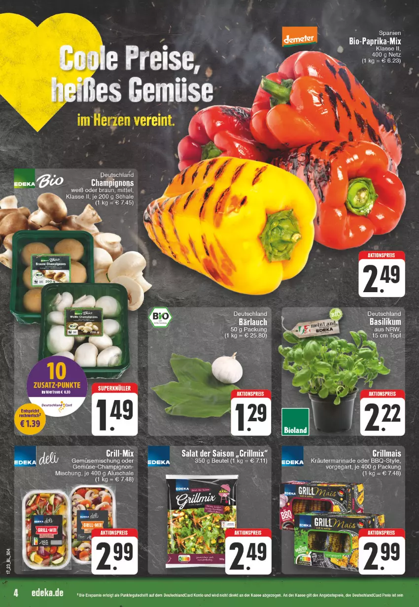 Aktueller Prospekt Edeka - Angebote der Woche - von 24.04 bis 29.04.2023 - strona 4 - produkty: angebot, angebote, basilikum, beutel, braun, champignon, champignons, deutschlandcard, grill, Grillmais, kräuter, LG, mais, marinade, salat, Schal, Schale, tee, topf