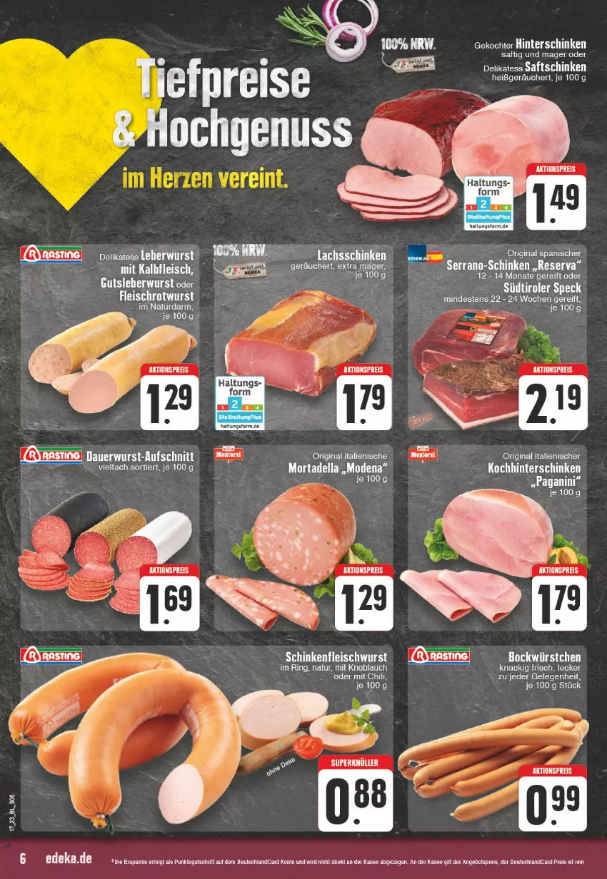 Aktueller Prospekt Edeka - Angebote der Woche - von 24.04 bis 29.04.2023 - strona 6 - produkty: aktionspreis, angebot, angebotspreis, asti, auer, aufschnitt, chili, dell, deutschlandcard, eier, eis, fleisch, fleischwurst, gin, hinterschinken, knoblauch, lachs, lachsschinken, LG, mars, mit knoblauch, mortadella, natur, reis, ring, saft, schinken, schinkenfleischwurst, Ti, wurst