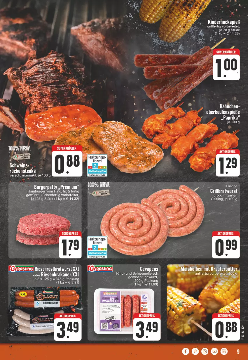 Aktueller Prospekt Edeka - Angebote der Woche - von 24.04 bis 29.04.2023 - strona 9 - produkty: aktionspreis, auer, bratwurst, burger, eis, gewürz, grill, grillbratwurst, hamburger, im zarten saitling, krakauer, küche, Küchen, reis, rind, rinder, Ti, wurst