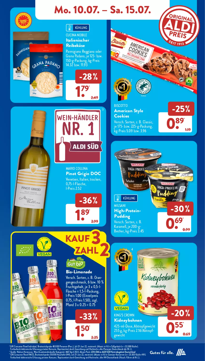 Aktueller Prospekt AldiSud - NÄCHSTE WOCHE - von 10.07 bis 15.07.2023 - strona 11 - produkty: aldi, Becher, bio, biscotto, bohne, bohnen, brut, cin, cookie, cookies, eis, Elektro, elle, flasche, frucht, grana, grana padano, HP, karamell, Käse, kidney, Konserven, Laufen, limo, limonade, mac, orange, orangen, padano, parmigiano, parmigiano reggiano, Pinot, pinot grigio, pril, pudding, Rana, reggiano, Reibekäse, reis, Ti, wein