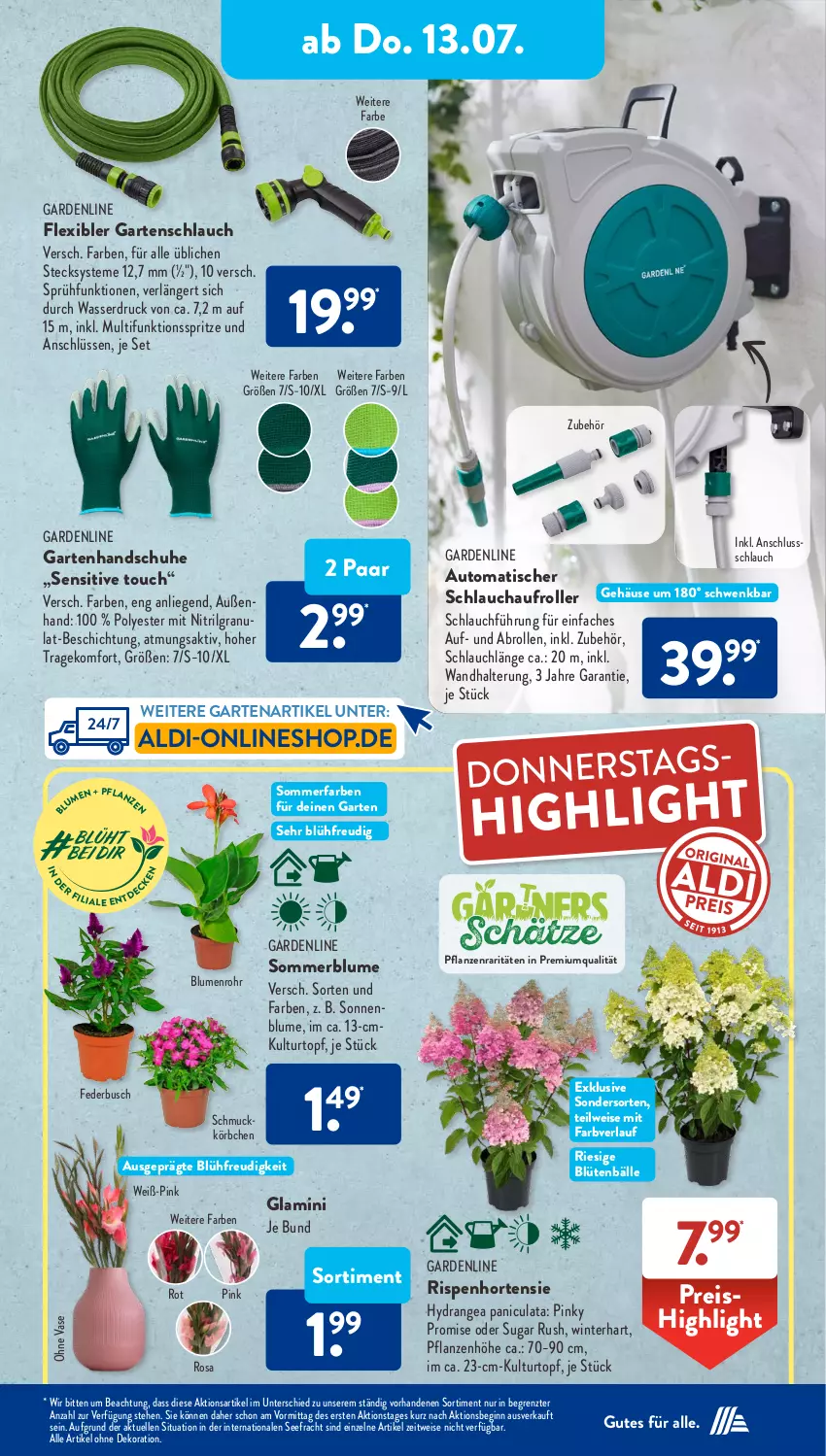 Aktueller Prospekt AldiSud - NÄCHSTE WOCHE - von 10.07 bis 15.07.2023 - strona 24 - produkty: aldi, alle artikel ohne dekoration, auto, blume, blumen, Blüte, dekoration, eis, elle, Garten, gartenschlauch, gin, handschuhe, hortensie, hydrangea, Hydrangea paniculata, Körbchen, kulturtopf, LG, Liege, pflanze, pflanzen, reis, Roller, schlauch, Schmuck, schuhe, sonnenblume, Ti, tisch, topf, Vase, wandhalterung, wasser, ZTE