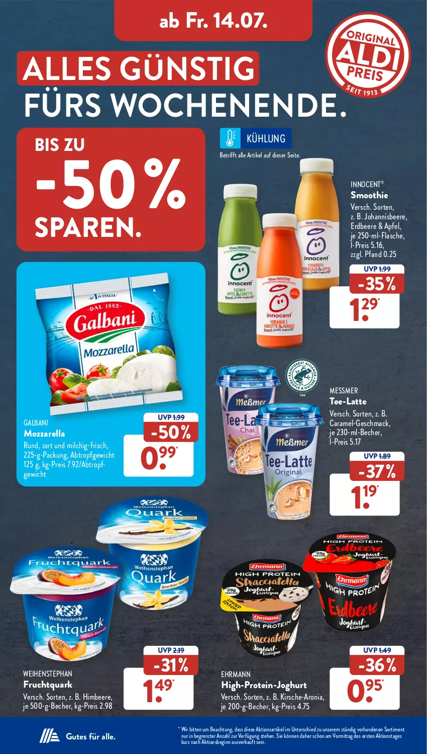 Aktueller Prospekt AldiSud - NÄCHSTE WOCHE - von 10.07 bis 15.07.2023 - strona 25 - produkty: apfel, Becher, beere, caramel, ehrmann, eis, erdbeere, flasche, frucht, Fruchtquark, galbani, gin, himbeer, himbeere, Innocent, joghur, joghurt, johannisbeere, kirsch, kirsche, latte, mac, milch, mozzarella, quark, reis, rel, smoothie, tee, Ti, weihenstephan, ZTE