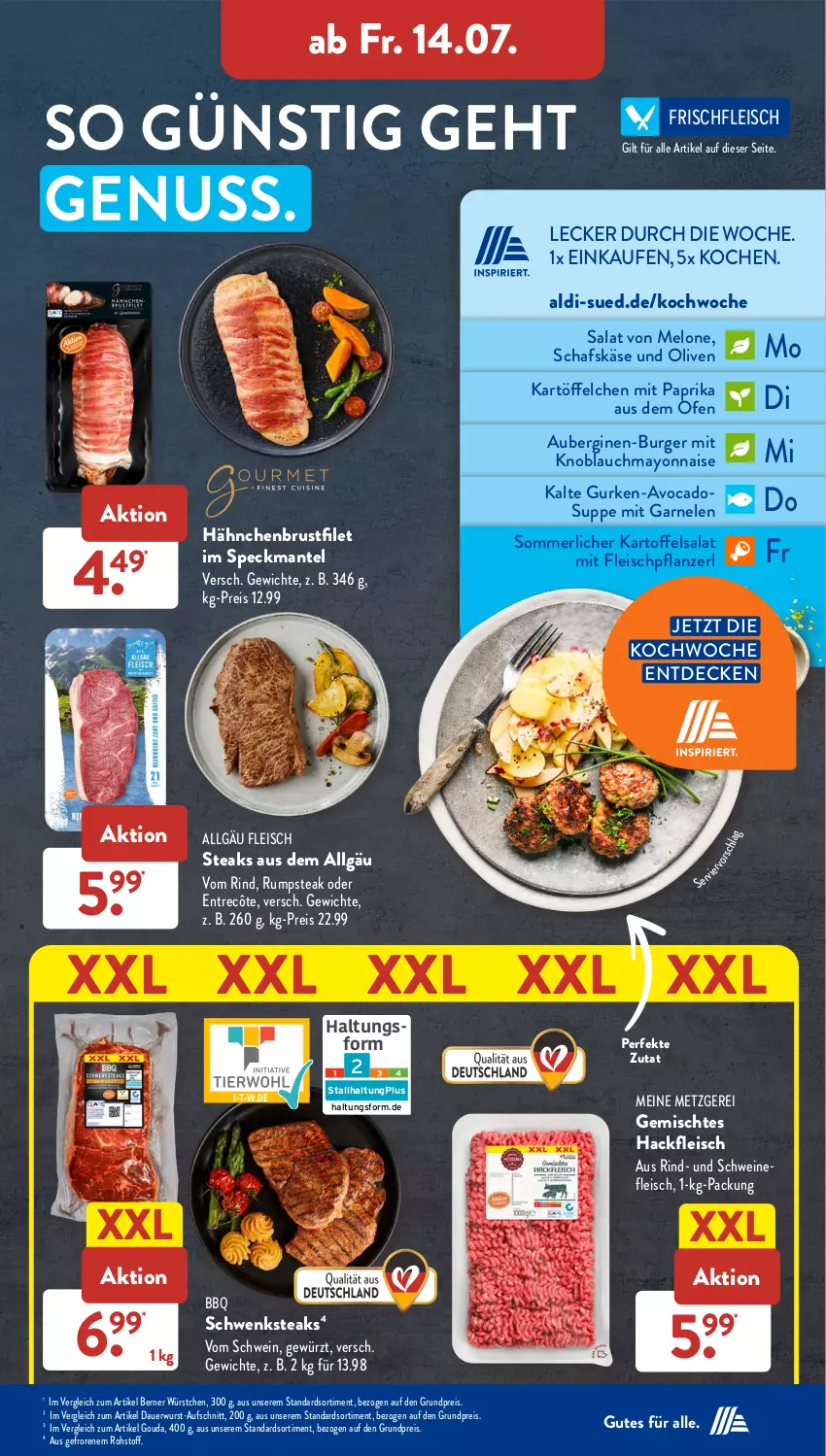 Aktueller Prospekt AldiSud - NÄCHSTE WOCHE - von 10.07 bis 15.07.2023 - strona 28 - produkty: aldi, aubergine, auberginen, auer, aufschnitt, avocado, avocados, brustfilet, burger, decke, eis, entrecôte, filet, fleisch, garnelen, gewürz, gin, gouda, gurke, gurken, hackfleisch, hähnchenbrust, hähnchenbrustfilet, HP, kartoffel, kartoffelsalat, Käse, knoblauch, LG, Mantel, mayonnaise, melone, merl, mit knoblauch, mit paprika, nuss, Ofen, olive, oliven, paprika, pflanze, reis, rind, rum, rumpsteak, salat, schafskäse, schwein, schweine, schweinefleisch, Speck, steak, steaks, suppe, Ti, wein, weine, wurst, würstchen, Yo