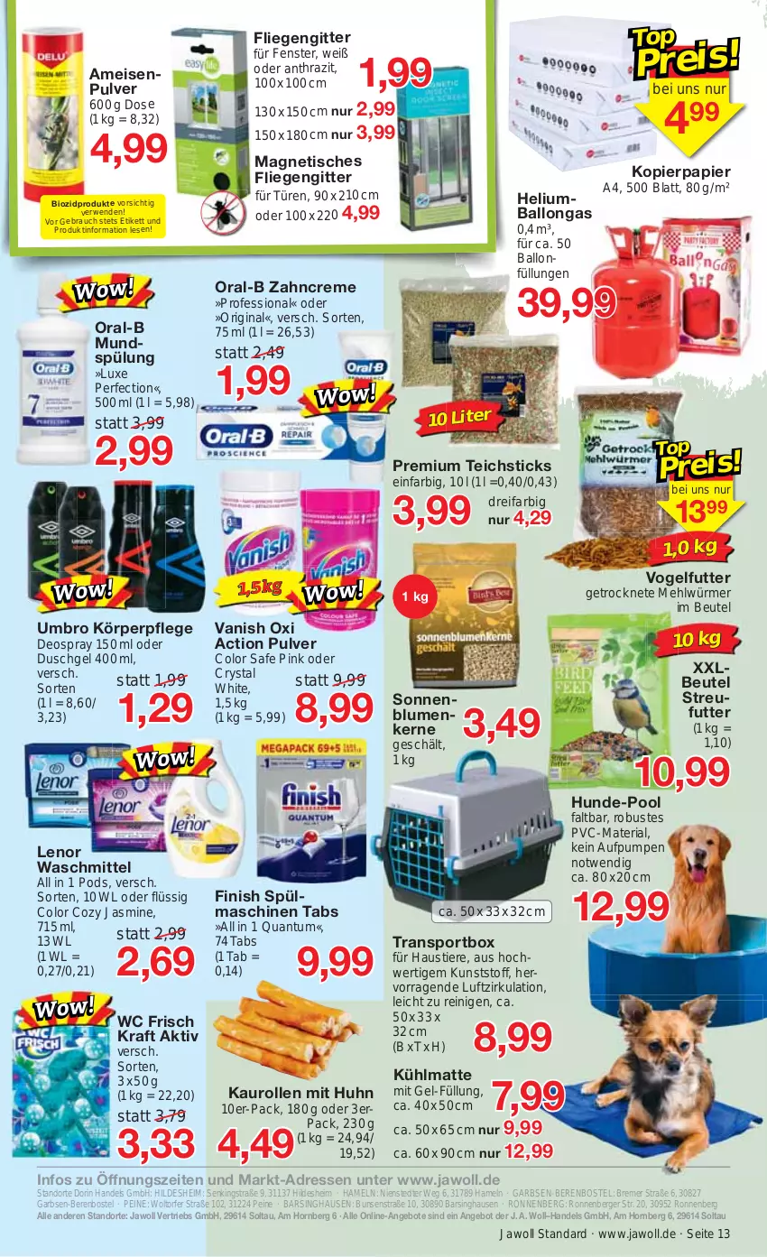 Aktueller Prospekt Jawoll - Prospekte - von 30.05 bis 03.06.2023 - strona 15 - produkty: angebot, angebote, aust, ball, Berger, beutel, bio, biozidprodukte, blume, blumen, creme, deo, deospray, deospray 150 ml, duschgel, eis, fenster, Finish, fliegengitter, gin, kopierpapier, körperpflege, kraft, lenor, lenor waschmittel, Liege, mehl, mundspülung, oral-b, oxi action, papier, Pods, pool, Rauch, Ria, sonnenblume, sonnenblumen, Sonnenblumenkerne, Sport, spülmaschinen, spülung, Stier, Streufutter, Ti, Tiere, tisch, Umbro, vanish, vanish oxi action, Vogelfutter, waschmittel, wc frisch, WC Frisch Kraft Aktiv, zahncreme