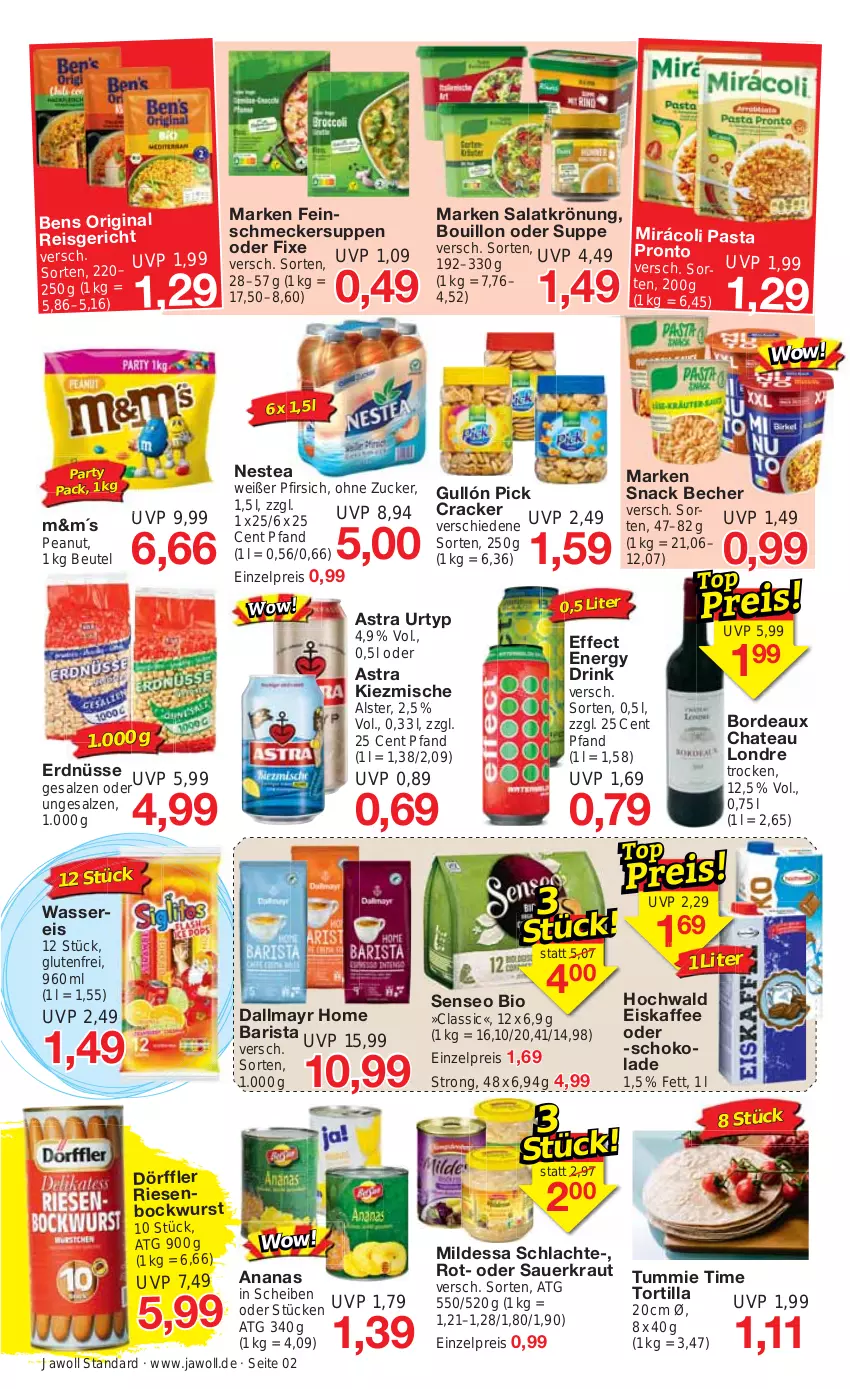 Aktueller Prospekt Jawoll - Prospekte - von 30.05 bis 03.06.2023 - strona 2 - produkty: ananas, Astra, auer, Becher, beutel, bio, bockwurst, chateau, cracker, dallmayr, drink, Effect, eis, eiskaffee, energy drink, erdnüsse, feinschmecker, gin, hochwald, kaffee, Kraut, Mirácoli, Nestea, pasta, pfirsich, Pronto, reis, salat, salatkrönung, salz, Sauerkraut, schoko, schokolade, senseo, snack, suppe, suppen, Ti, tortilla, urtyp, wasser, wassereis, wurst, zucker