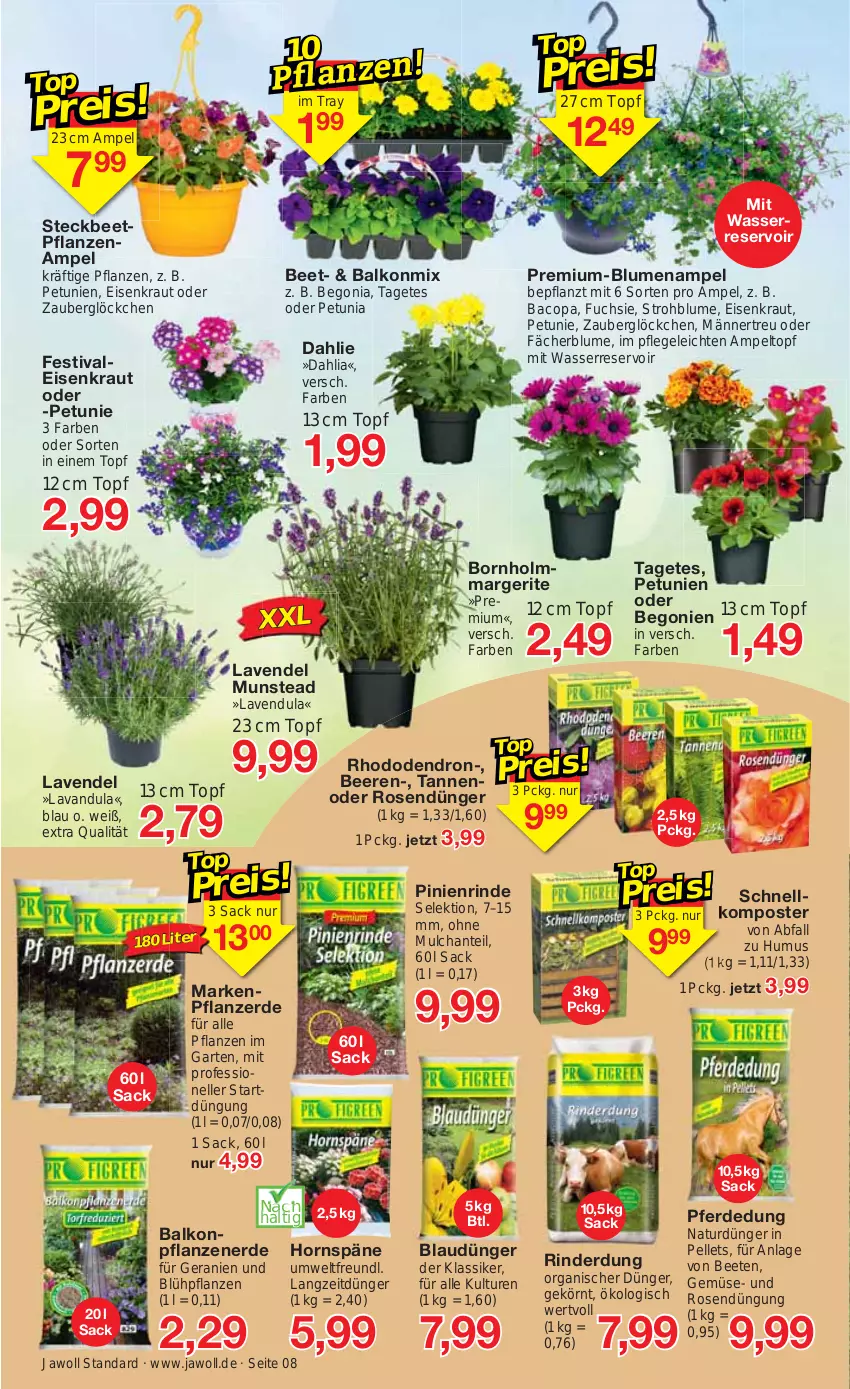 Aktueller Prospekt Jawoll - Prospekte - von 30.05 bis 03.06.2023 - strona 8 - produkty: balkonpflanzen, beere, beeren, beetpflanzen, Begonia, Begonie, blume, blumen, Blumenampel, dahlie, dünger, eis, elle, erde, Garten, geranie, geranien, HP, Komposter, Kraut, lavendel, natur, Pellets, petunie, petunien, pflanze, pflanzen, pflanzerde, rind, rinder, rosen, sac, Strohblume, Ti, topf, wasser, zauberglöckchen