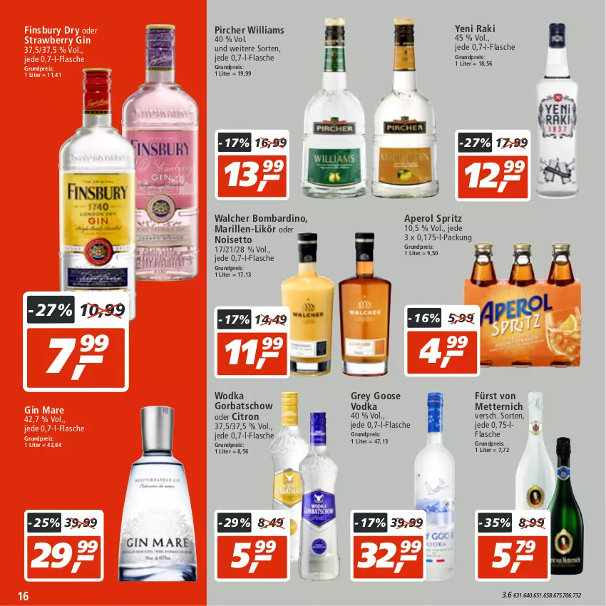 Aktueller Prospekt Real - von 08.08 bis 13.08.2022 - strona 16 - produkty: aperol, eis, finsbury, flasche, fürst von metternich, gin, gin mare, Gorbatschow, likör, Mett, metternich, pircher, reis, vodka, wodka, yeni raki