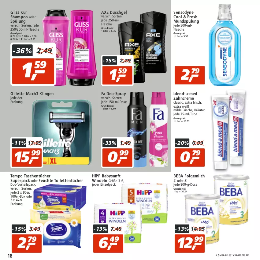 Aktueller Prospekt Real - von 08.08 bis 13.08.2022 - strona 18 - produkty: axe, axe duschgel, Beba, blend-a-med, creme, deo, duschgel, eis, flasche, folgemilch, gillette, gliss, gliss kur, hipp, kräuter, LG, mac, mach3, milch, mundspülung, reis, sensodyne, shampoo, shampoo oder spülung, spülung, Tasche, taschen, taschentücher, Tempo, toilettentücher, tücher, windeln, zahncreme