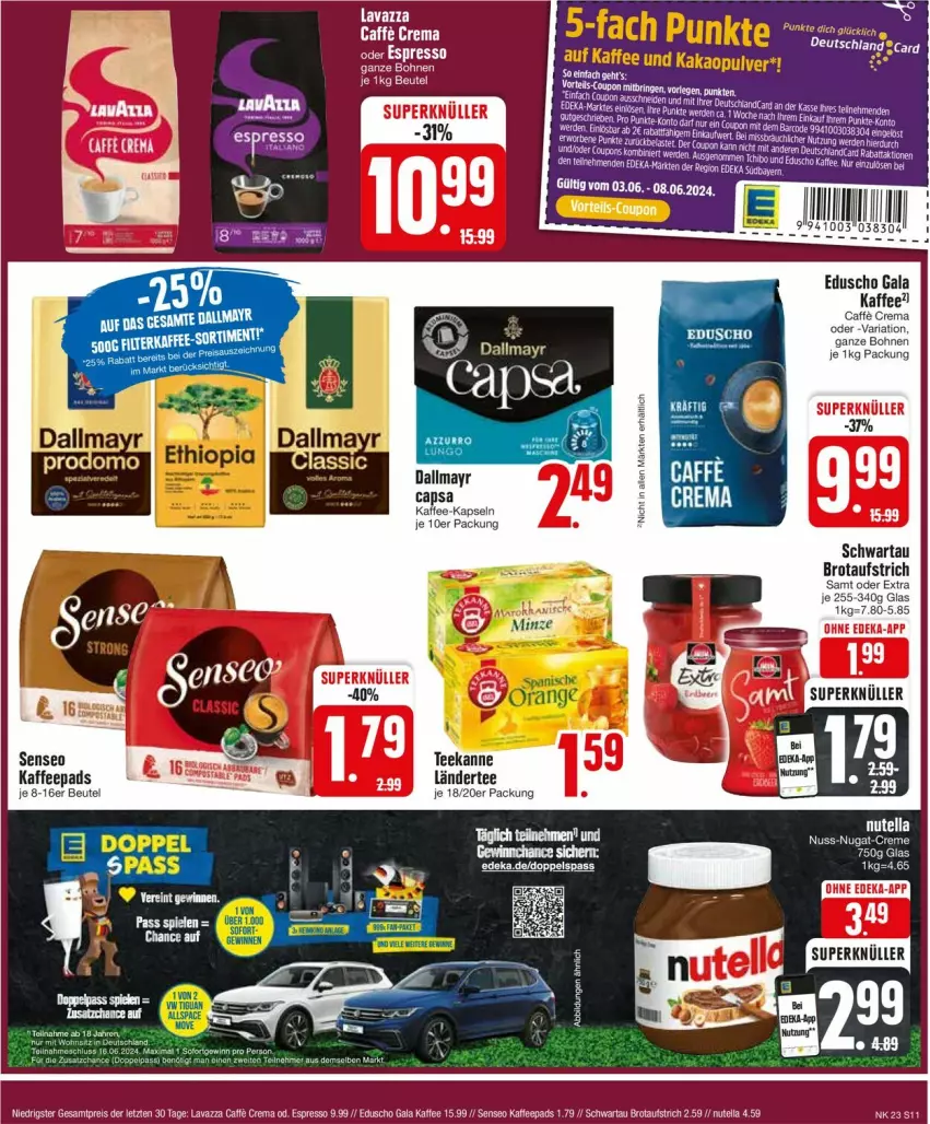 Aktueller Prospekt Edeka - Prospekte - von 03.06 bis 08.06.2024 - strona 11 - produkty: aufstrich, beutel, bohne, bohnen, brot, brotaufstrich, caffe, Cap, creme, dallmayr, deka, eduscho, eis, espresso, K2, kaffee, kaffee-kapseln, kaffeepads, Ländertee, lavazza, nuss, nuss-nugat-creme, nutella, reis, Ria, Schwartau, senseo, Spiele, tee, teekanne, Ti, ZTE