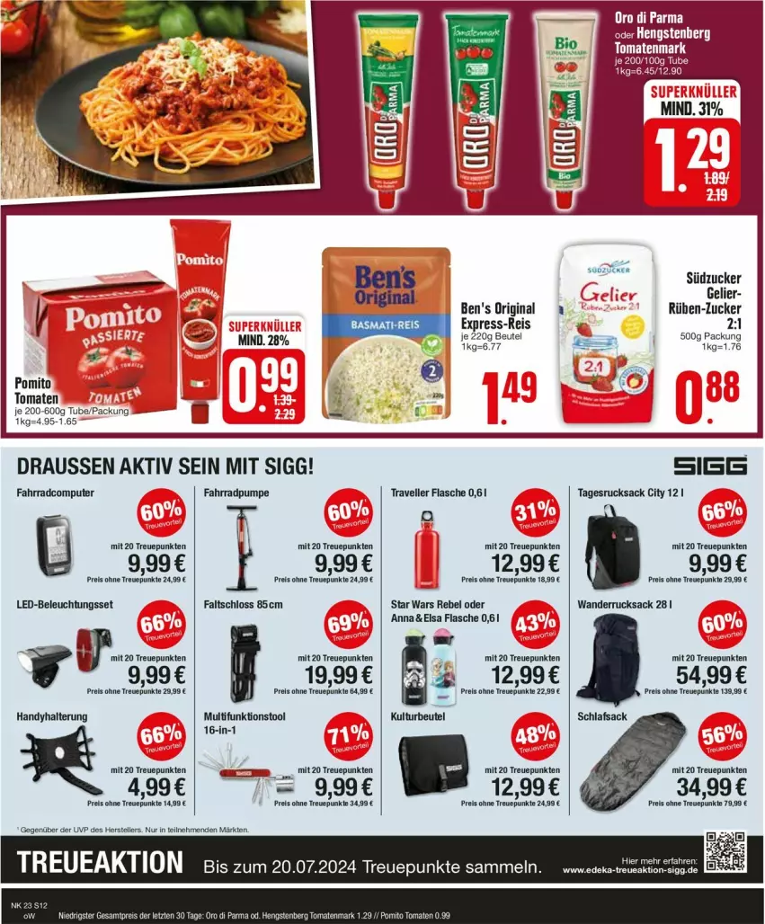 Aktueller Prospekt Edeka - Prospekte - von 03.06 bis 08.06.2024 - strona 12 - produkty: basmati, basmati-reis, beleuchtung, beutel, computer, eis, elle, express-reis, Fahrrad, Faltschloss, flasche, gin, Handy, hengstenberg, led-beleuchtung, pomito, pute, reis, rucksack, sac, schlafsack, südzucker, teller, Ti, tomate, tomaten, tomatenmark, zucker