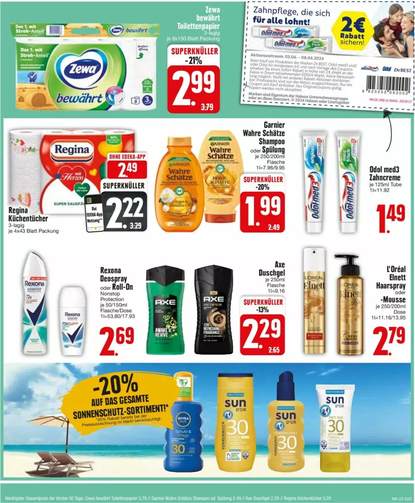 Aktueller Prospekt Edeka - Prospekte - von 03.06 bis 08.06.2024 - strona 23 - produkty: axe, creme, deo, deospray, elnett, flasche, garnier, haarspray, mousse, Odol, odol med, odol med3, rexona, roll-on, rum, shampoo, spülung, Ti, Wahre Schätze, zahncreme