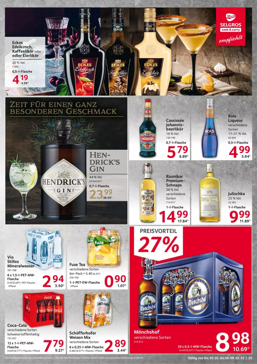 Aktueller Prospekt Selgros - Vorschau:
            Food - von 03.02 bis 09.02.2022 - strona 25 - produkty: Alwa, cassis, coca-cola, cola, eier, eierlikör, eis, flasche, fuze tea, gin, Julischka, kaffee, kirsch, likör, liqueur, mac, mineralwasser, mw-flasche, pet-flasche, preisvorteil, reis, schöfferhofer, tee, Ti, wasser, weizen mix