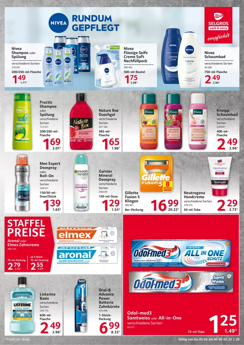 Aktueller Prospekt Selgros - Vorschau:
            Food - von 03.02 bis 09.02.2022 - strona 29 - produkty: Bad, batterie, beutel, bürste, creme, deo, deospray, duschgel, eier, eis, flasche, fleisch, fructis, garnier, gillette, handcreme, listerine, mint, natur, nature box, neutrogena, nivea, rama, roll-on, schaumbad, Seife, shampoo, shampoo oder spülung, spülung, Ti, zahnbürste