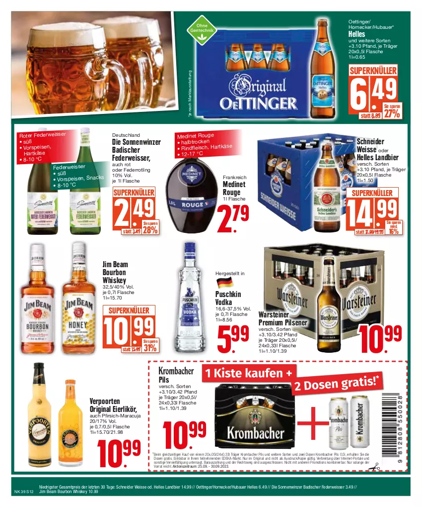 Aktueller Prospekt E Center - Angebote der Woche - von 25.09 bis 30.09.2023 - strona 12 - produkty: auer, Bad, Bau, Bauer, bier, bourbon, bourbon whiskey, Brei, deka, eier, eierlikör, eis, elle, flasche, fleisch, gin, hartkäse, jim beam, Käse, krombache, krombacher, krombacher pils, likör, maracuja, medinet, oettinger, pfirsich, pils, pilsener, premium pils, puschkin vodka, reis, rind, rindfleisch, rouge, rwe, snack, snacks, steiner, Ti, verpoorten, vodka, vorspeise, warsteiner, whiskey, ZTE