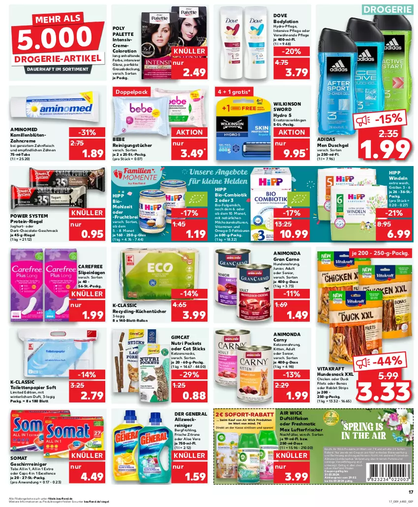 Aktueller Prospekt Kaufland - Prospekt - von 29.02 bis 06.03.2024 - strona 17 - produkty: Adidas, Air Wick, aktionspreis, aloe vera, angebot, angebote, auer, Bebe, bio, Blüte, body, bodylotion, Bona, Brei, Cap, carefree, Clin, cola, coupon, creme, dove, drogerie-artikel, Duck, duschgel, eis, elle, filet, filets, fleisch, folgemilch, frucht, geschirr, hipp, hundenahrung, hundesnack, joghur, joghurt, Kamill, kamille, katzennahrung, katzensnack, katzensnacks, kraft, küche, Küchen, küchentücher, LG, Lotion, lufterfrischer, mac, milch, omega, Omega-3, Palette, papier, Rasierklinge, rasierklingen, reiniger, Reinigung, reinigungstücher, reis, riegel, slip, slipeinlagen, snack, snacks, sofortrabatt, somat, Ti, toilettenpapier, tücher, vita, vitakraft, Vitamine, weck, WICK, wilkinson, windeln, zahncreme, zitrone, ZTE