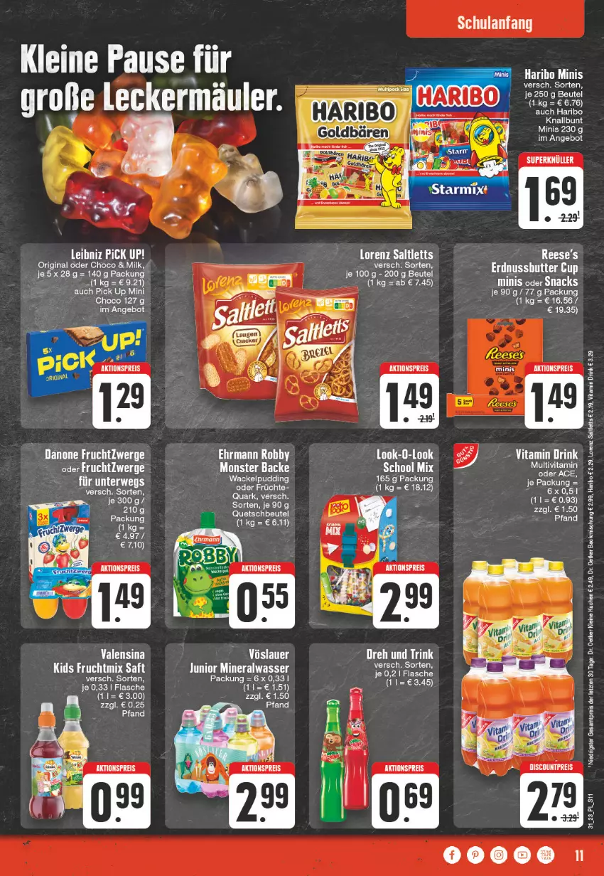 Aktueller Prospekt E Center - Angebote der Woche - von 31.07 bis 05.08.2023 - strona 11 - produkty: aktionspreis, Alwa, angebot, auer, bett, beutel, danone, danone fruchtzwerge, drink, eis, flasche, frucht, früchte, fruchtzwerge, haribo, lorenz, mineralwasser, monster, pudding, quetschbeutel, reis, saltletts, tee, Ti, Tiere, valensina, vita, Vitamin D, vöslauer, wasser