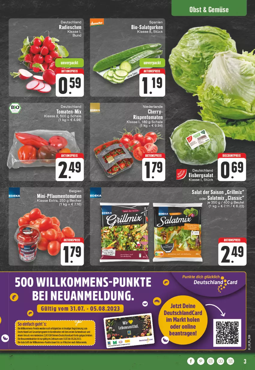 Aktueller Prospekt E Center - Angebote der Woche - von 31.07 bis 05.08.2023 - strona 3 - produkty: aktionspreis, Becher, bio, discount, eis, eisbergsalat, grill, gurke, gurken, LG, obst, radieschen, reis, salat, Salatgurke, salatgurken, Salatmix, Ti, tomate, tomaten