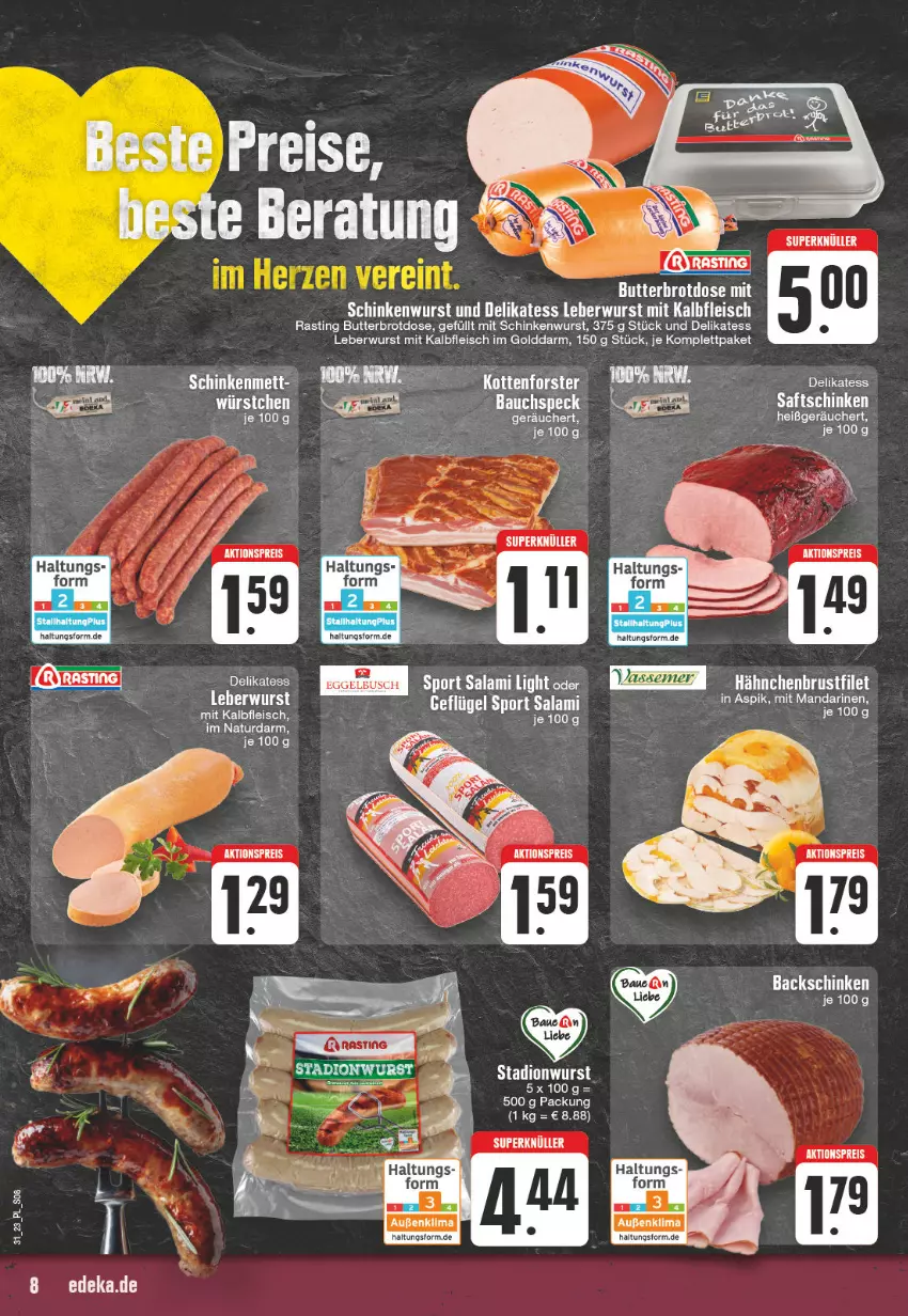 Aktueller Prospekt E Center - Angebote der Woche - von 31.07 bis 05.08.2023 - strona 8 - produkty: aktionspreis, asti, ball, Bau, brot, Brotdose, butter, eis, filet, fleisch, Kalbfleisch, leberwurst, mandarine, mandarinen, Mett, mit kalbfleisch, natur, reis, saft, saftschinken, salami, schinken, schinkenwurst, Speck, Sport, Ti, wurst